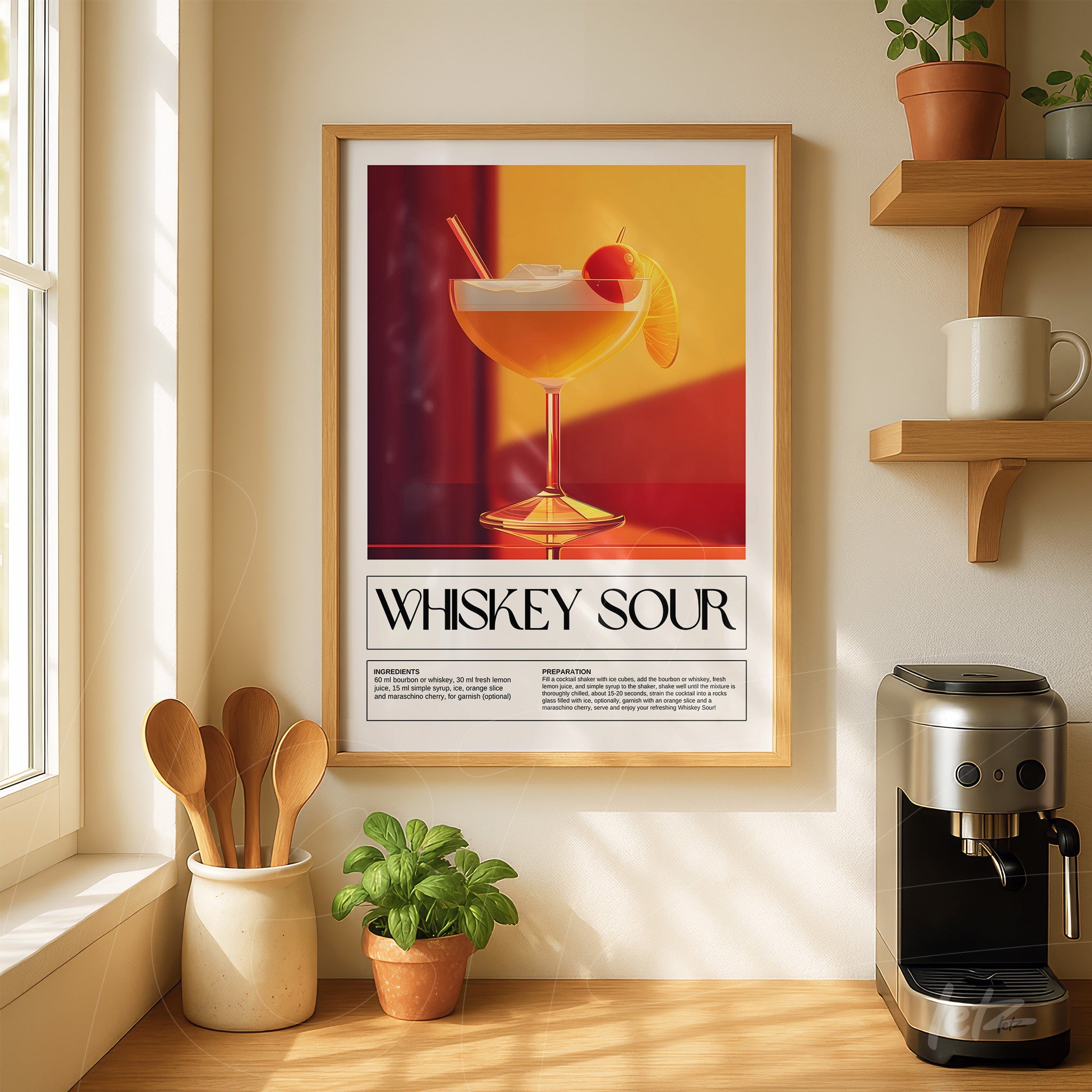 vintage style framed art of whiskey sour cocktail displayed on a wall next to a wooden shelf