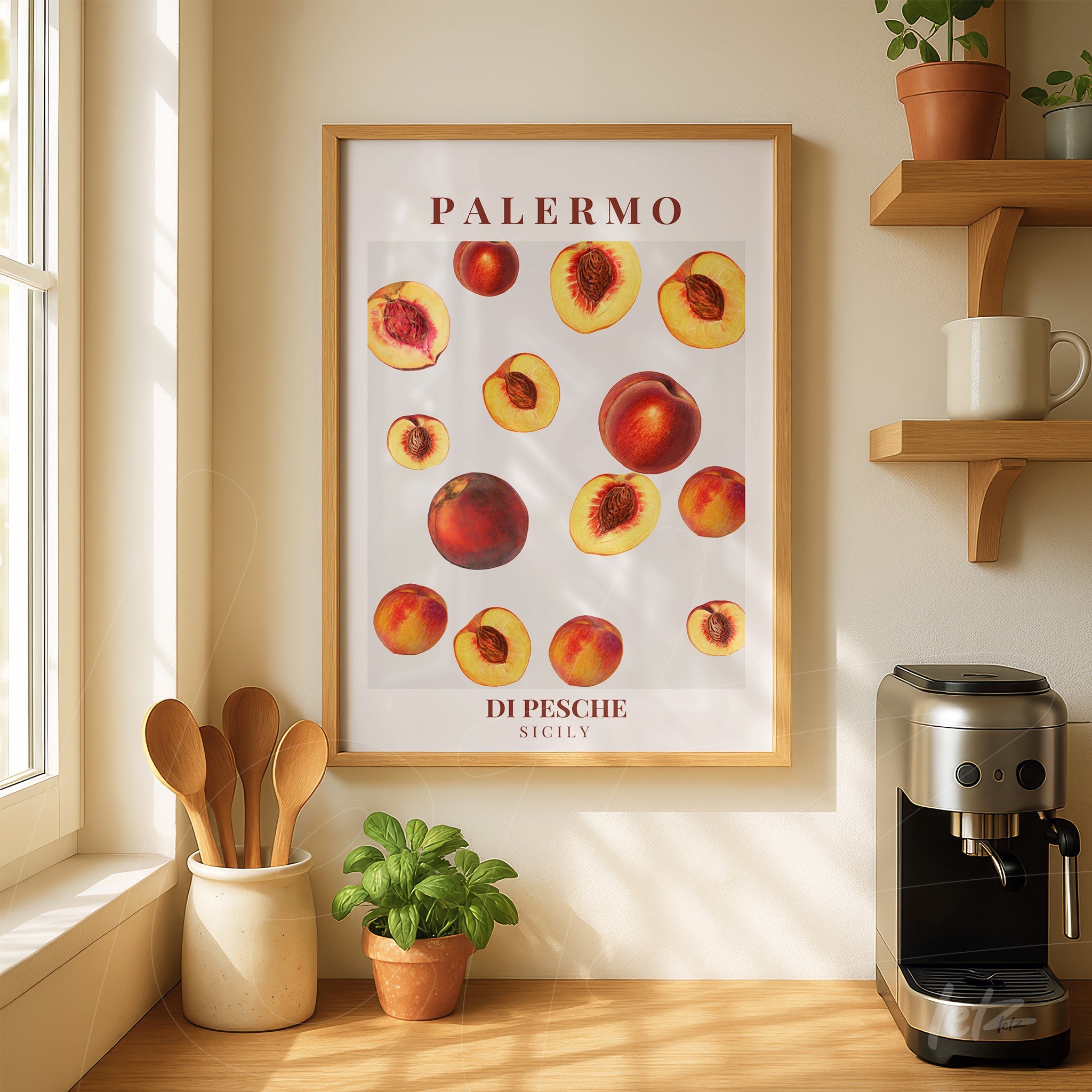 framed wall art featuring peach illustrations in a light wood frame displayed on a shelf next to a plant