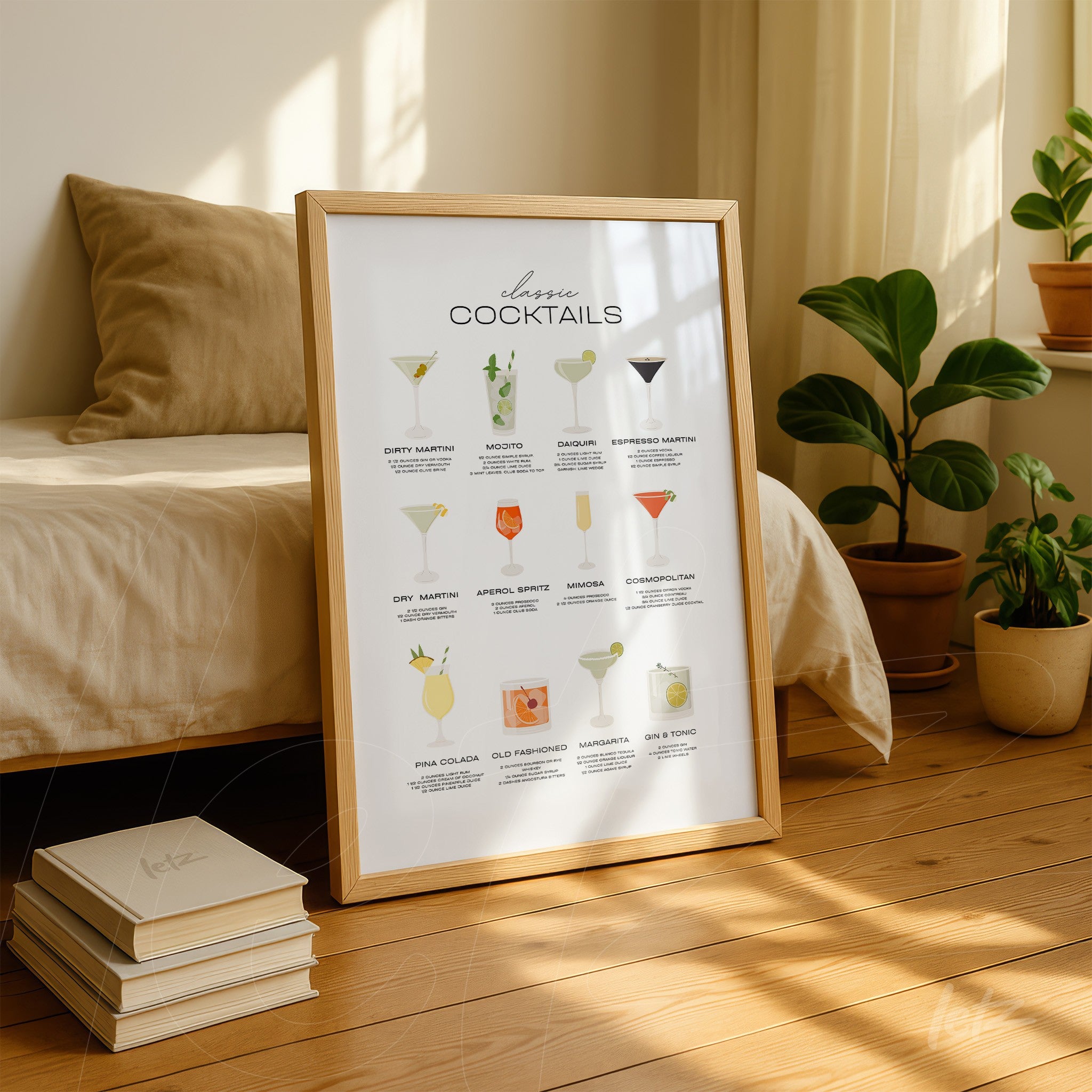 framed wall art featuring illustrations of classic cocktails with a light wooden frame