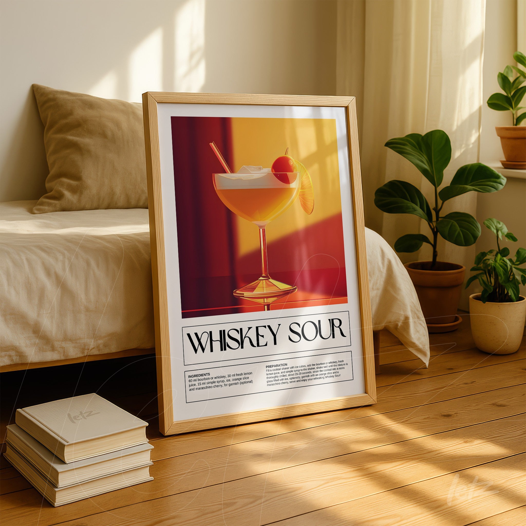 framed wall art featuring whiskey sour cocktail with informative text in a light wood frame