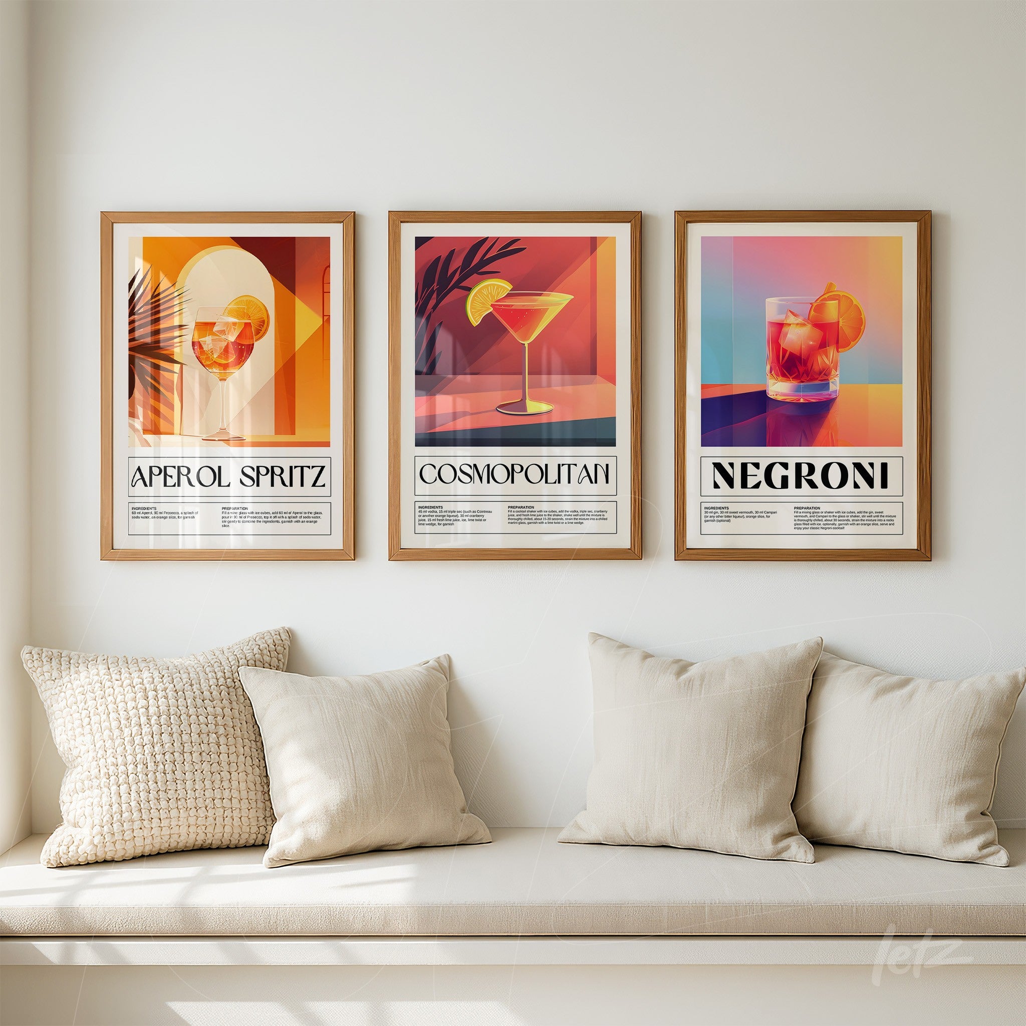 set of framed artworks depicting colorful cocktails on a white wall