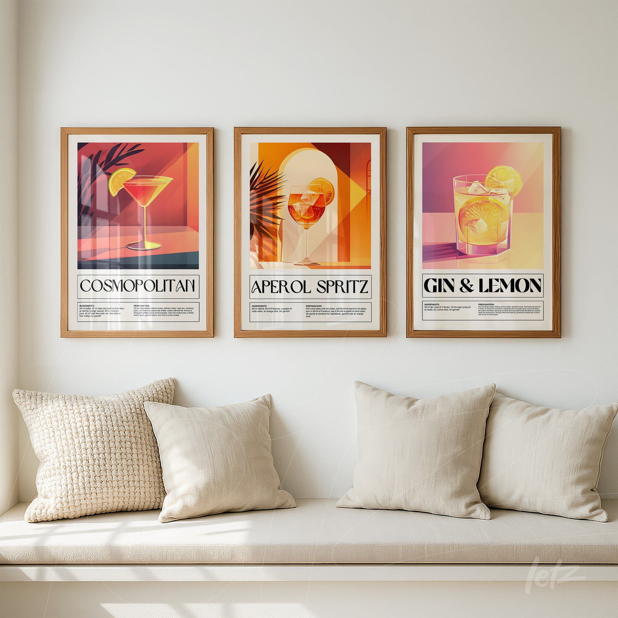 composition of three decorative art prints of cocktails in light wood frames, featuring cosmopolitan, aperol spritz, and gin & lemon, displayed on a light wall