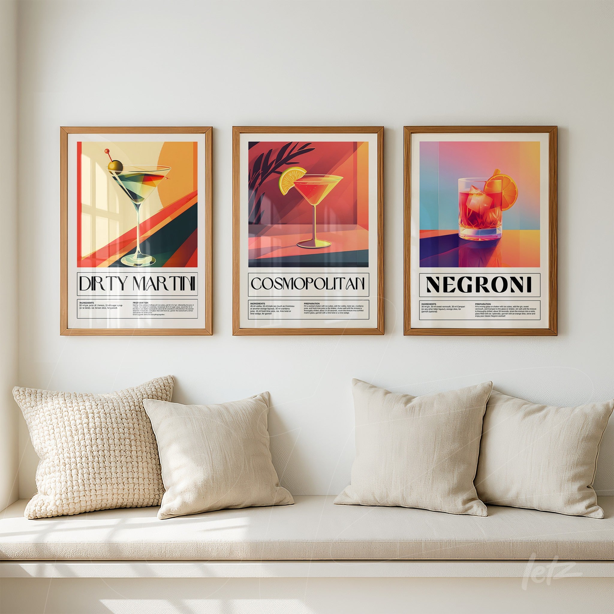 set of decorative wall art featuring illustrations of drinks, including dirty martini, cosmopolitan, and negroni, in light wood frames