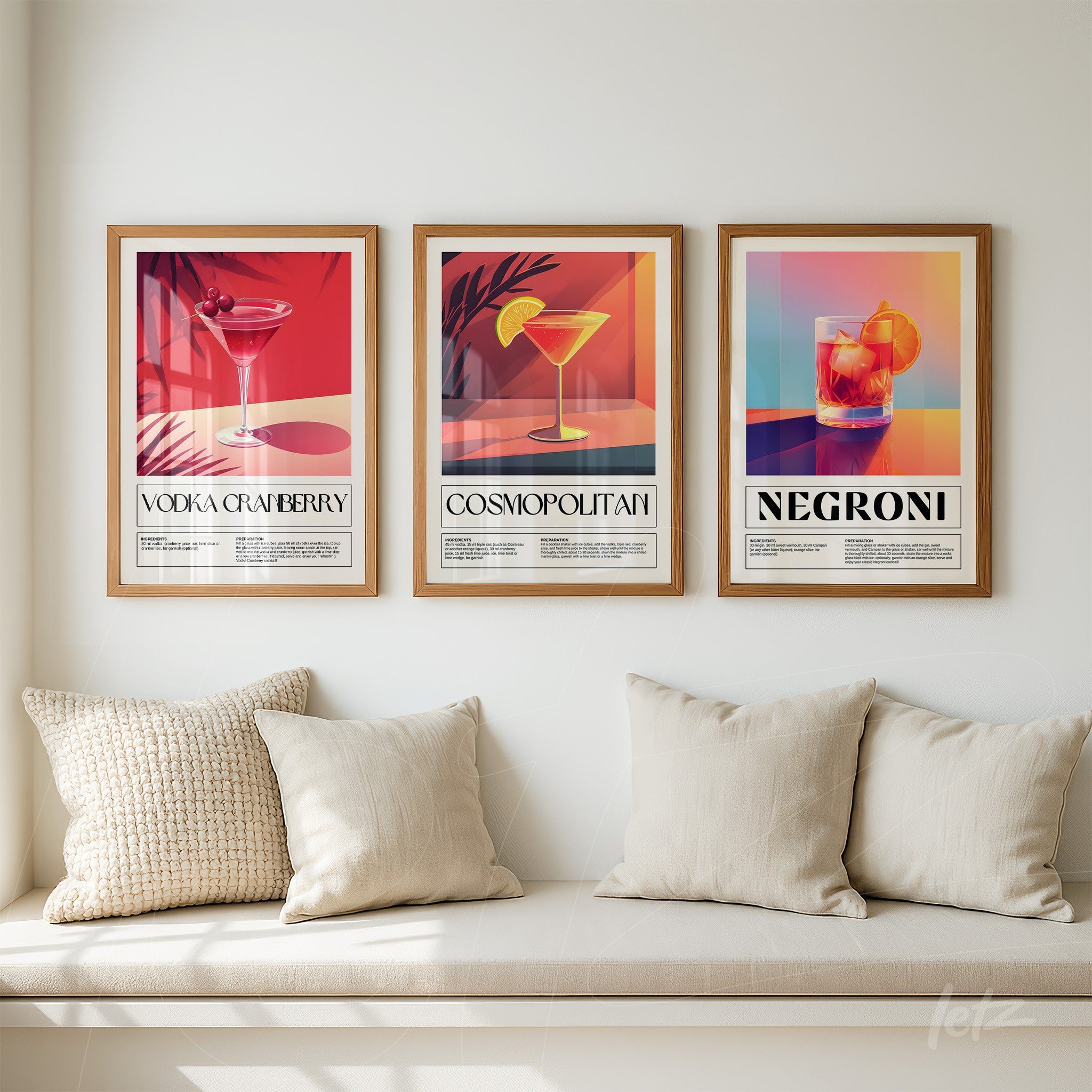 series of framed wall art featuring cocktail illustrations with light wooden frames and vibrant gradient backgrounds