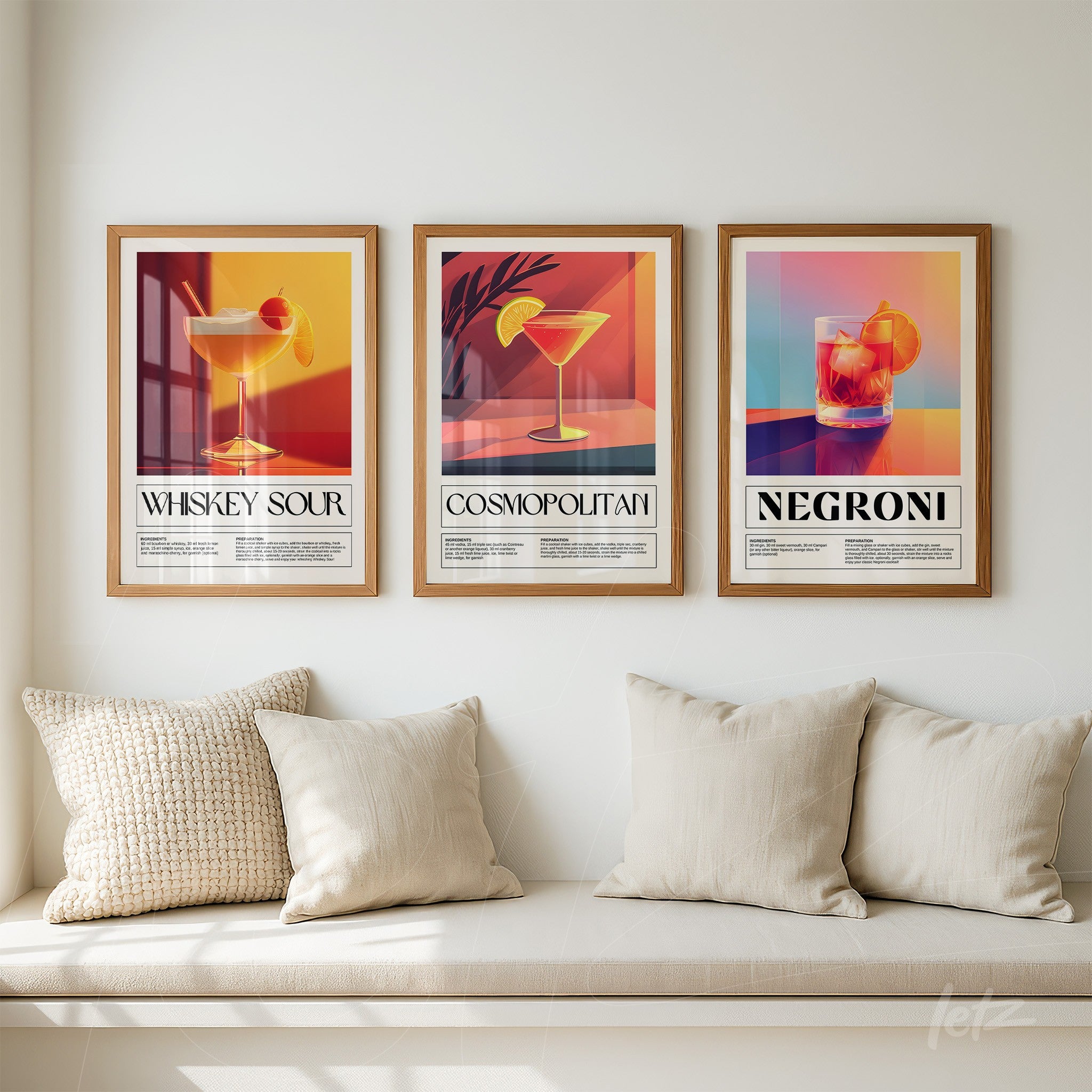 series of colorful framed art prints of classic cocktails, featuring whiskey sour, cosmopolitan, and negroni with light wood frames
