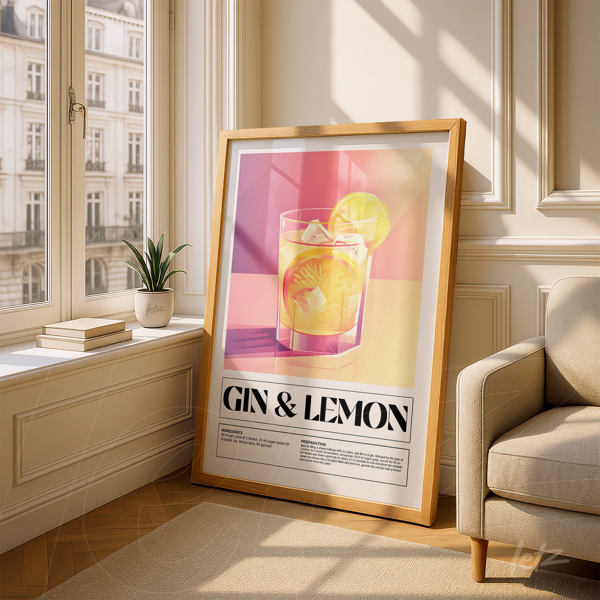 modern framed art of gin and lemon drink in light wood frame, leaning on the floor in a bright living room