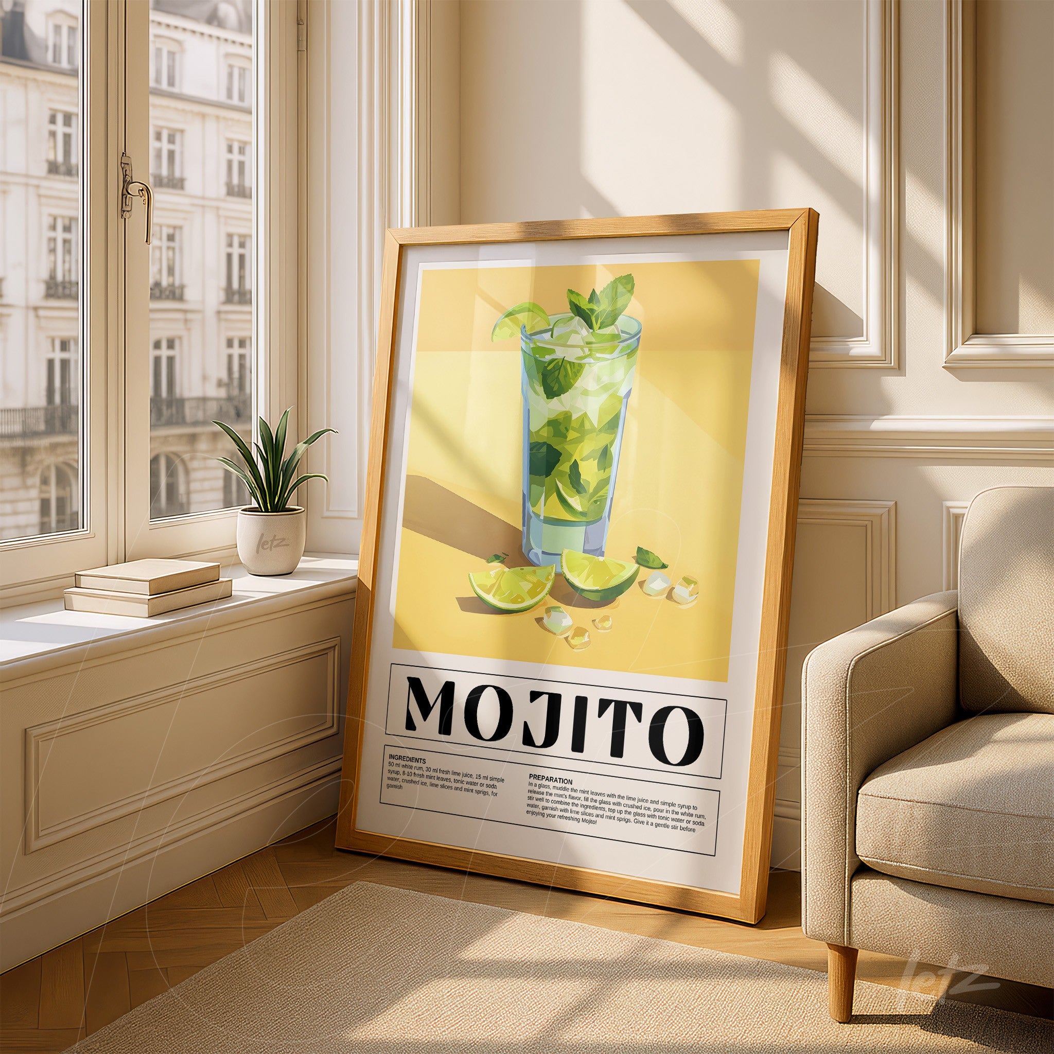framed illustration of mojito cocktail with light wood frame and yellow background