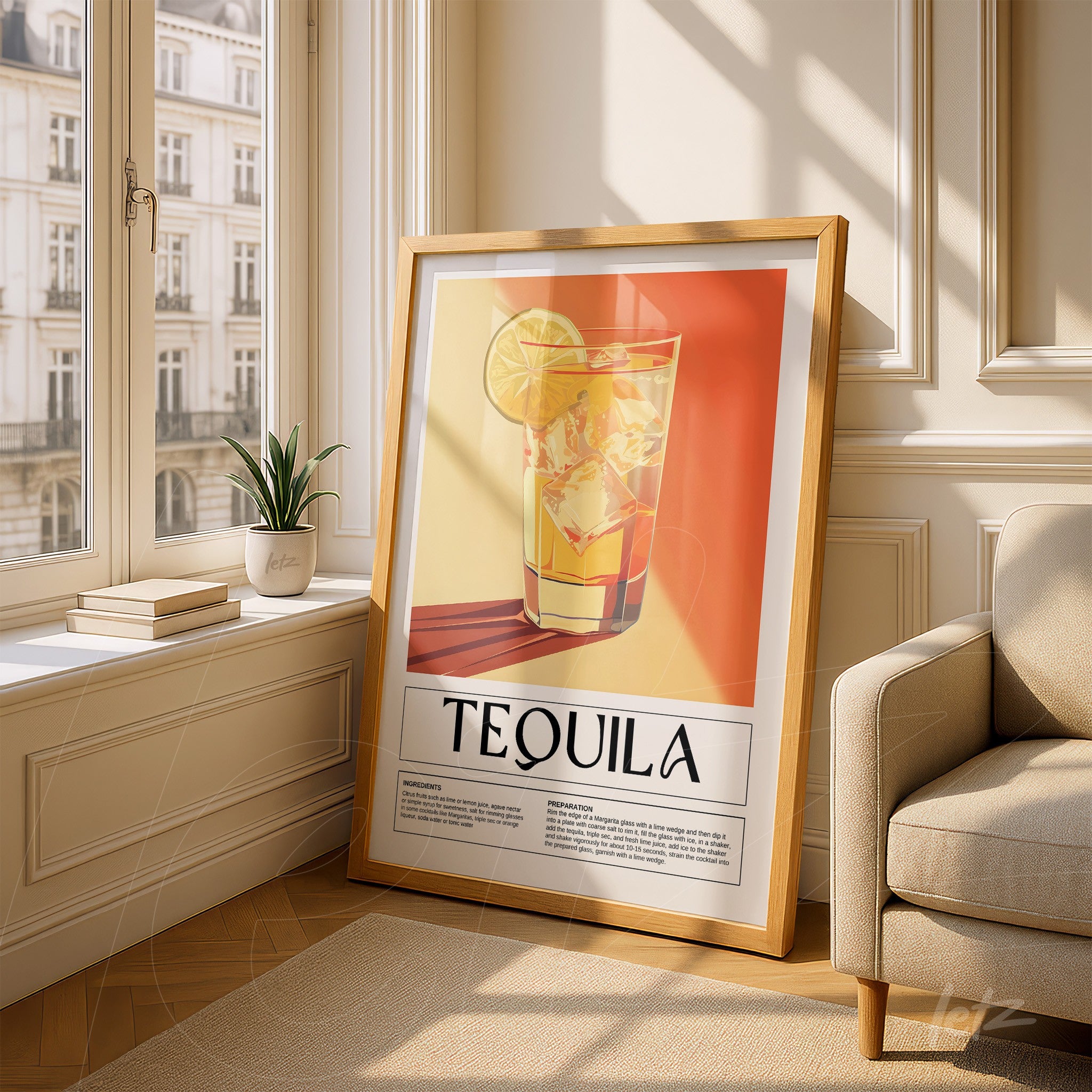 framed wall art featuring a tequila drink illustration, displayed in a bright room with light-colored wall and beige furniture