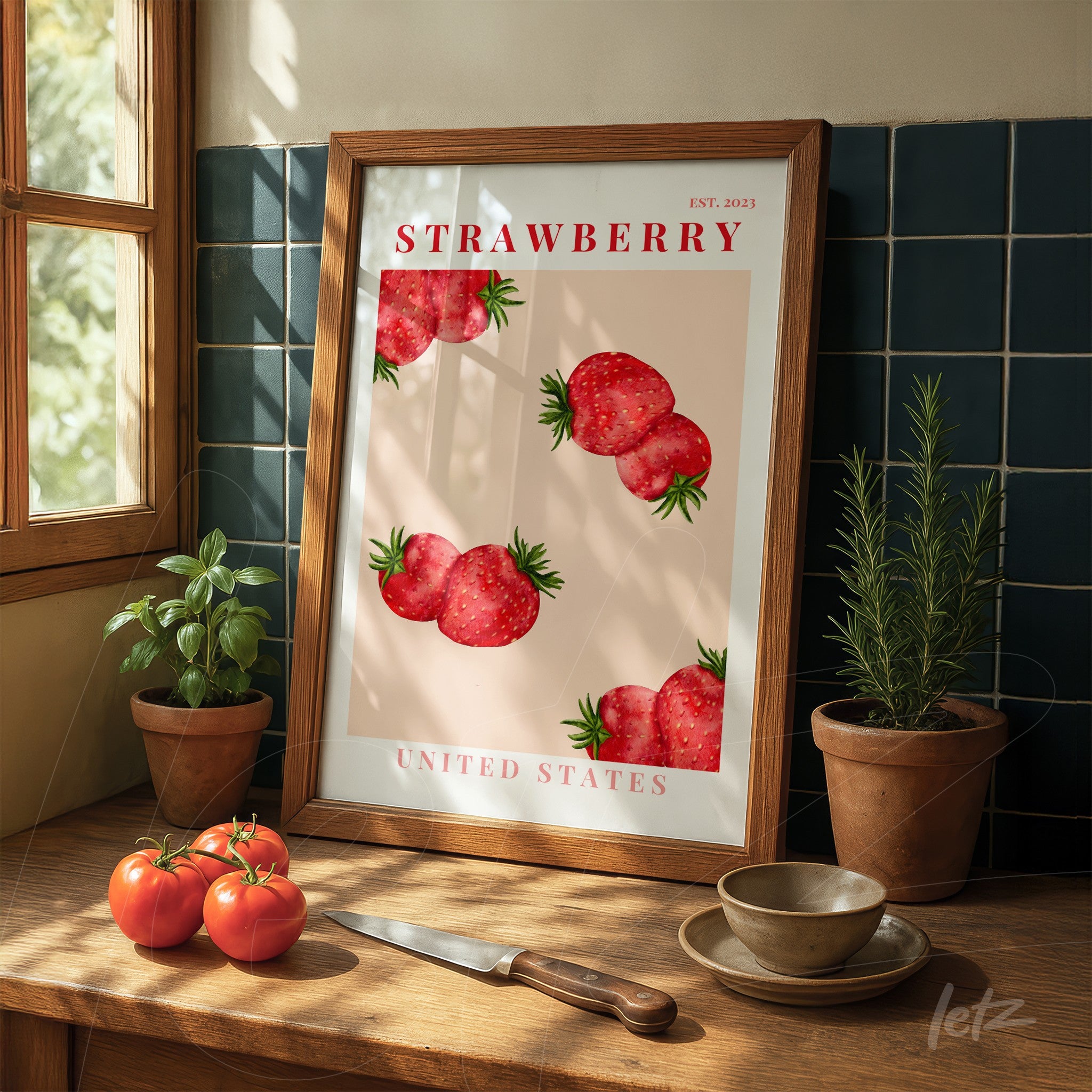 framed artwork featuring strawberries on a light background with dark wooden frame