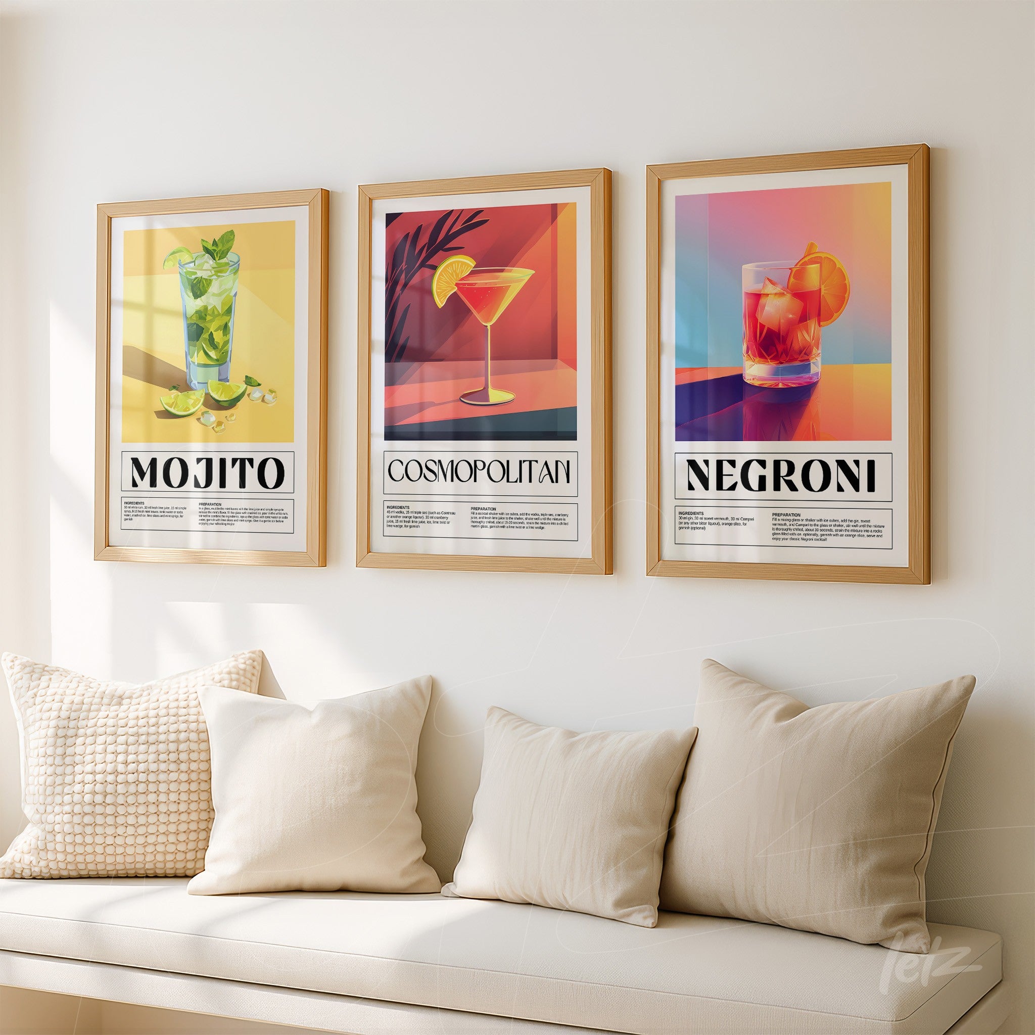 set of framed illustrations of cocktails including mojito, cosmopolitan, and negroni displayed on a light wall above a cream sofa