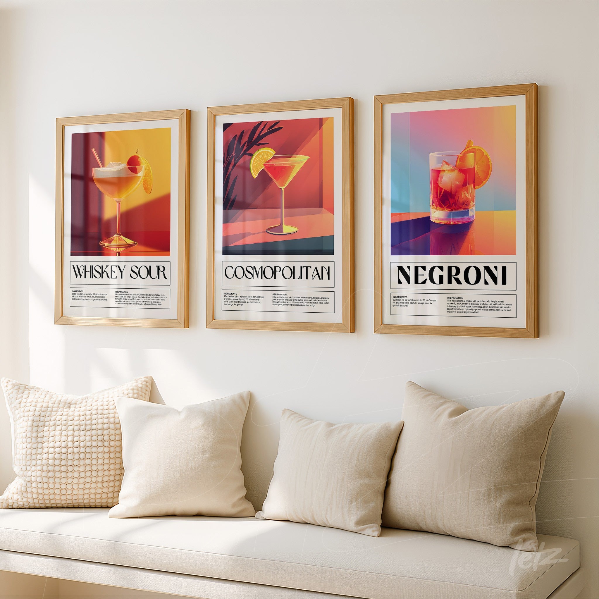 composition of three framed wall art prints of cocktails in golden frame with descriptive text, displayed on light wall