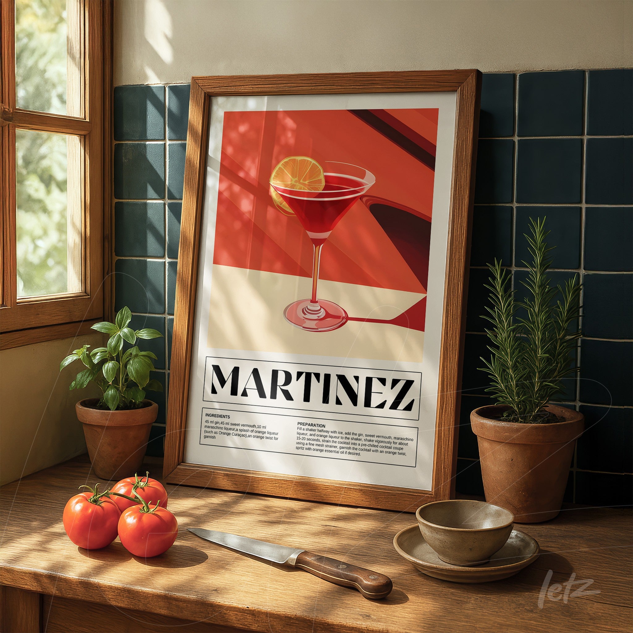 retro style framed art of martinez cocktail in light wood frame on kitchen table