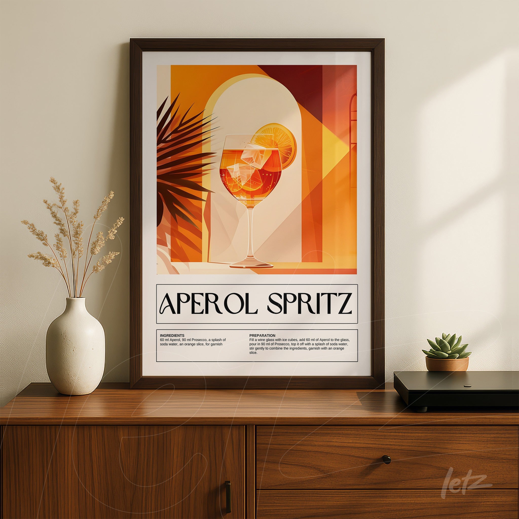 retro style framed art of aperol spritz cocktail with dark frame