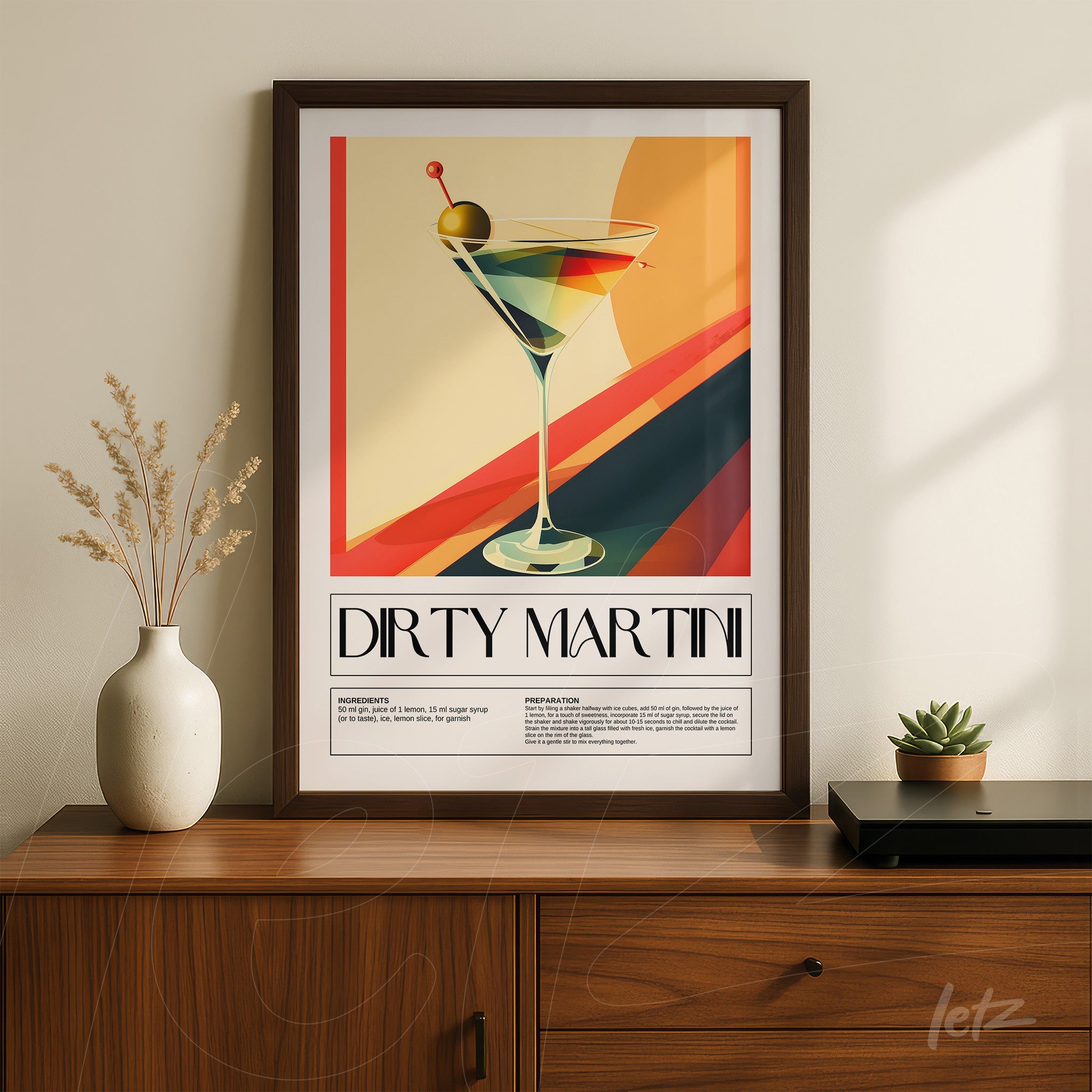 framed art print of dirty martini cocktail with colorful background
