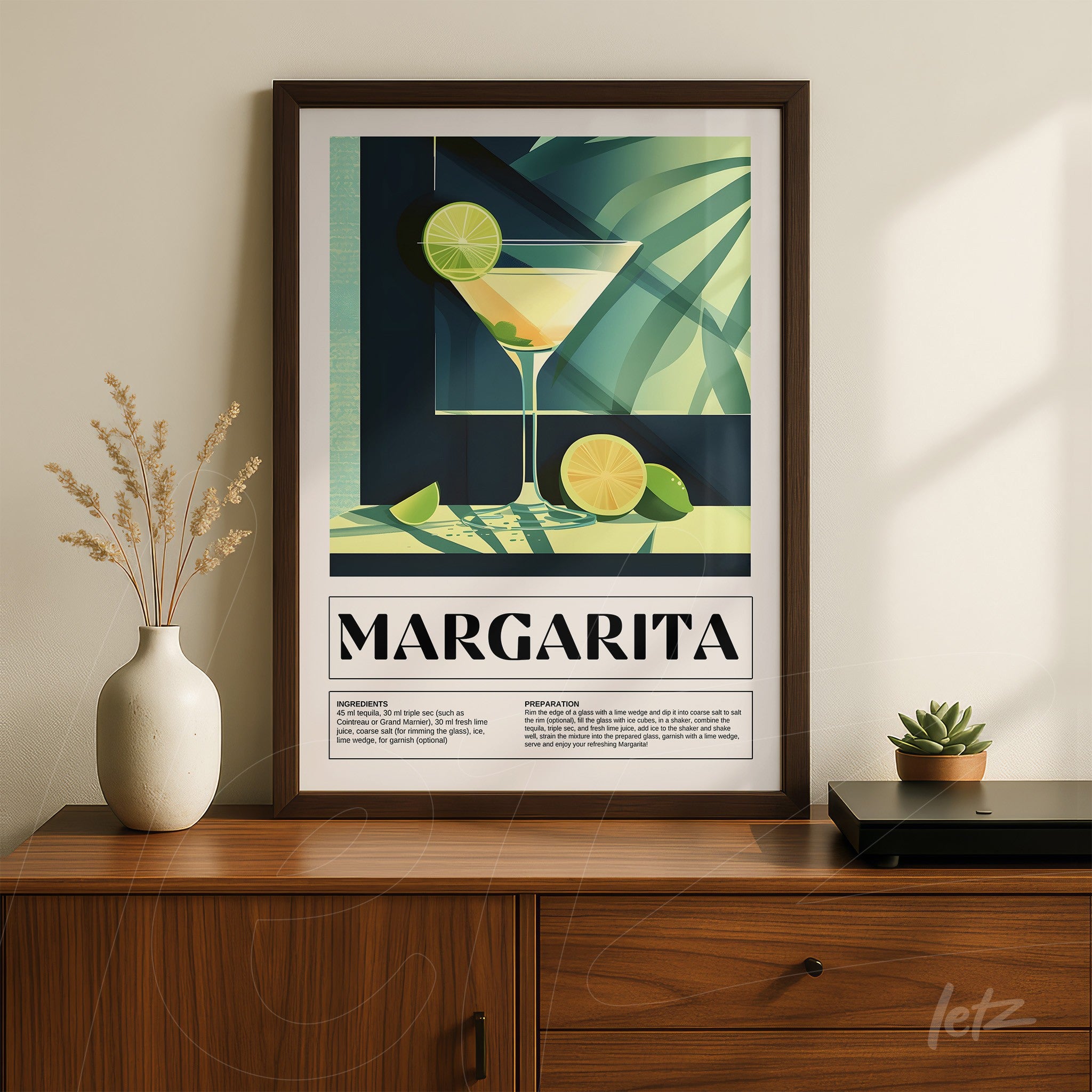 modern wall art featuring margarita cocktail with graphic elements and dark frame