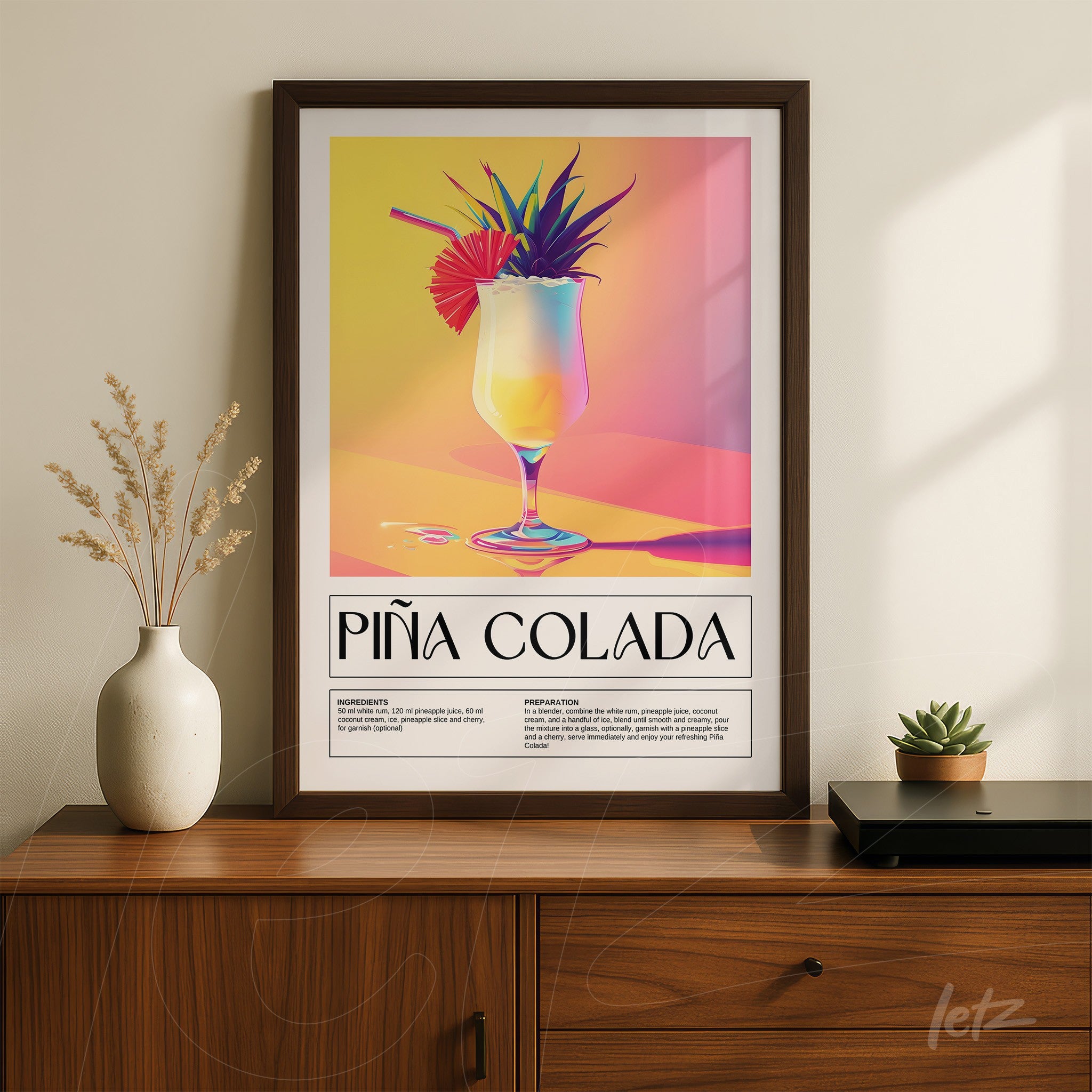 framed wall art featuring a vibrant illustration of piña colada cocktail