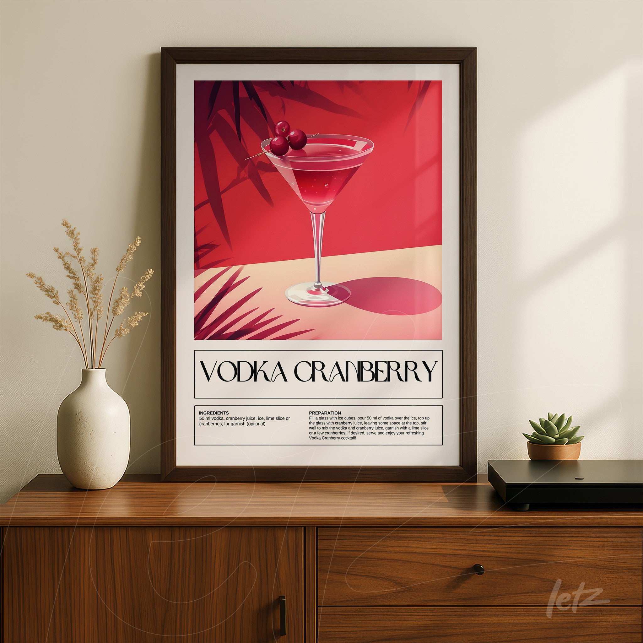 retro style wall art of vodka cranberry cocktail in dark frame on wooden table