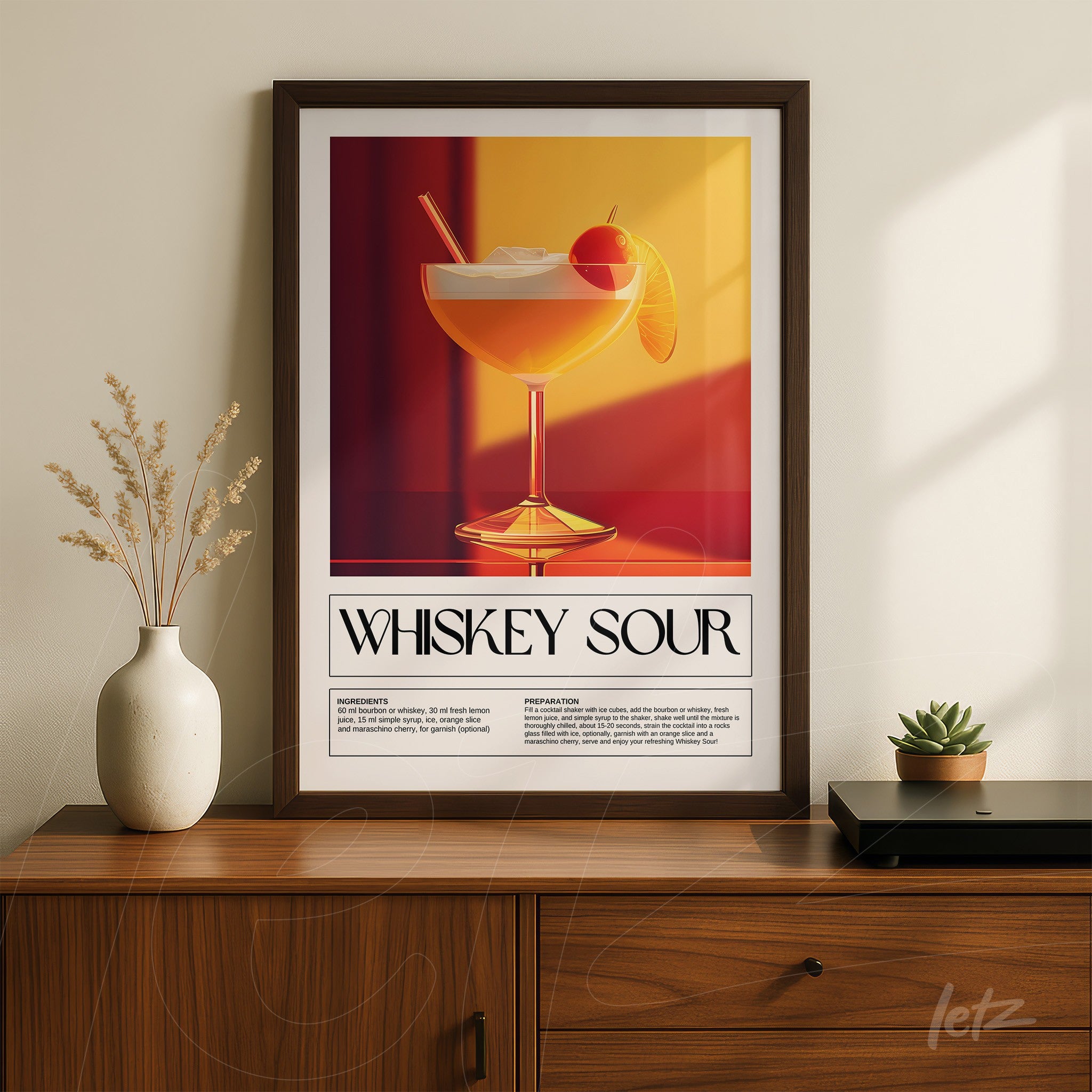 framed wall art featuring a whiskey sour cocktail with a brown frame, set against a colorful yellow and orange shadow background