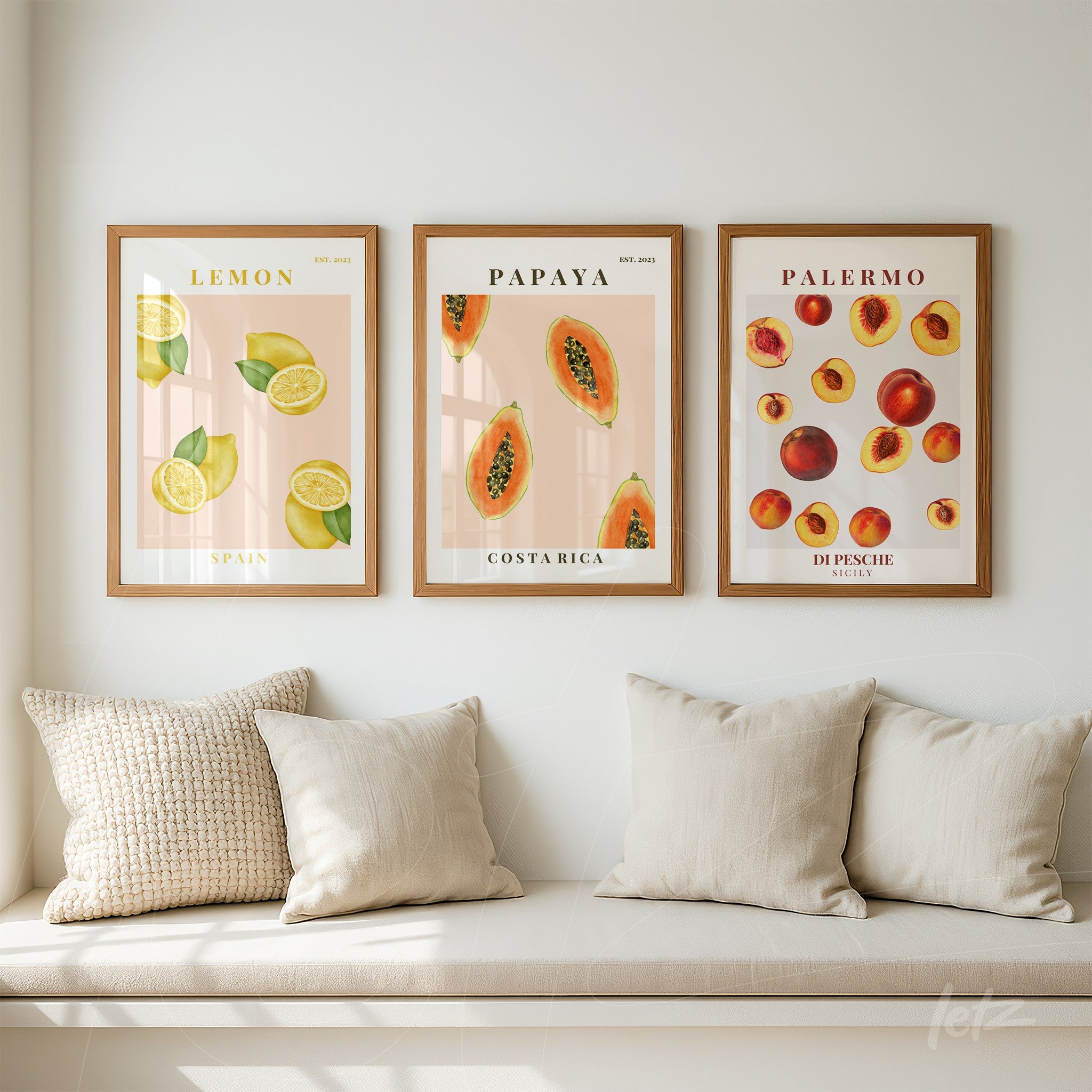 composition of three decorative fruit prints on light wall, featuring lemons, papayas, and peaches in light wood frames