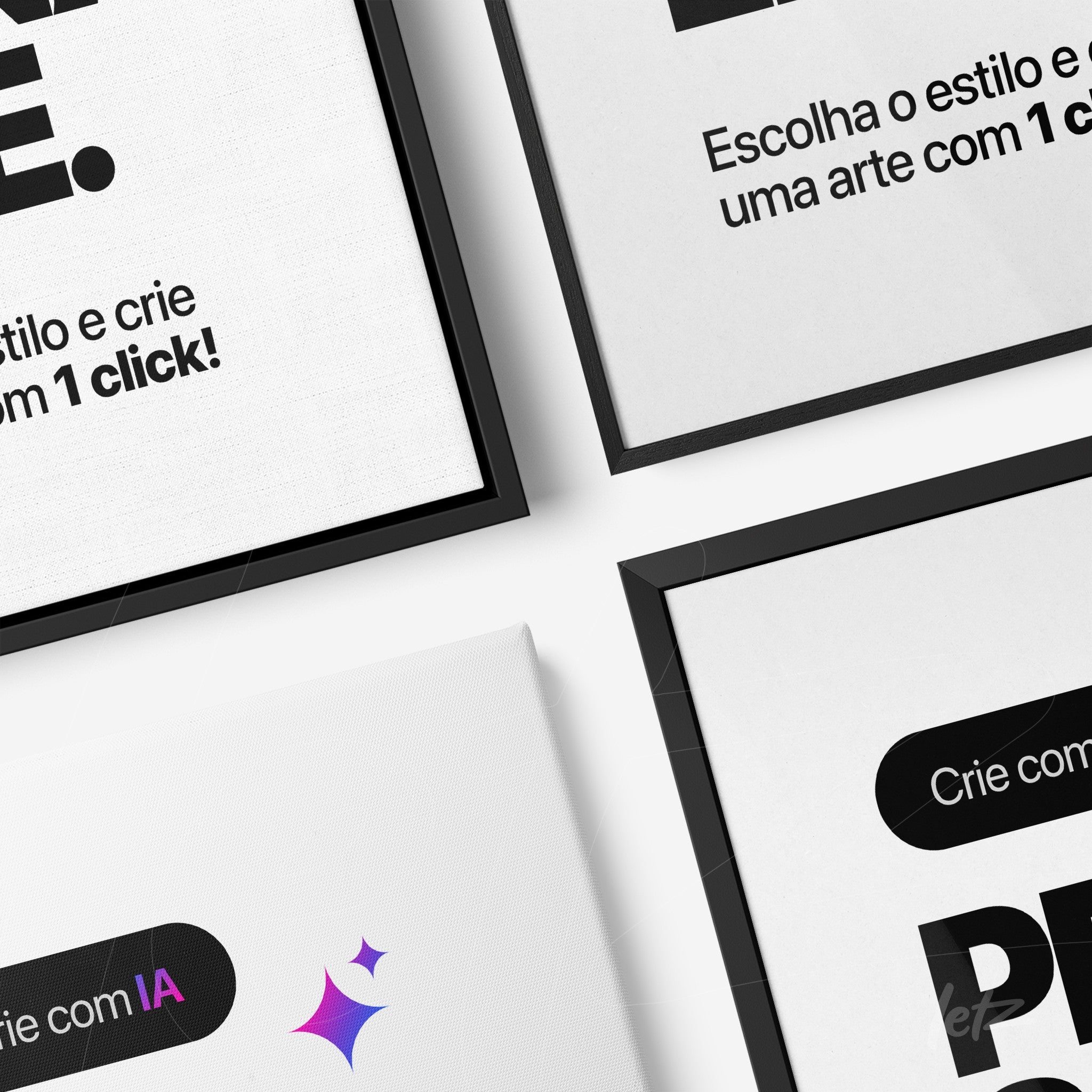 collection of framed artworks featuring black frames that display messages about creating art with AI on a white background with colorful graphic details