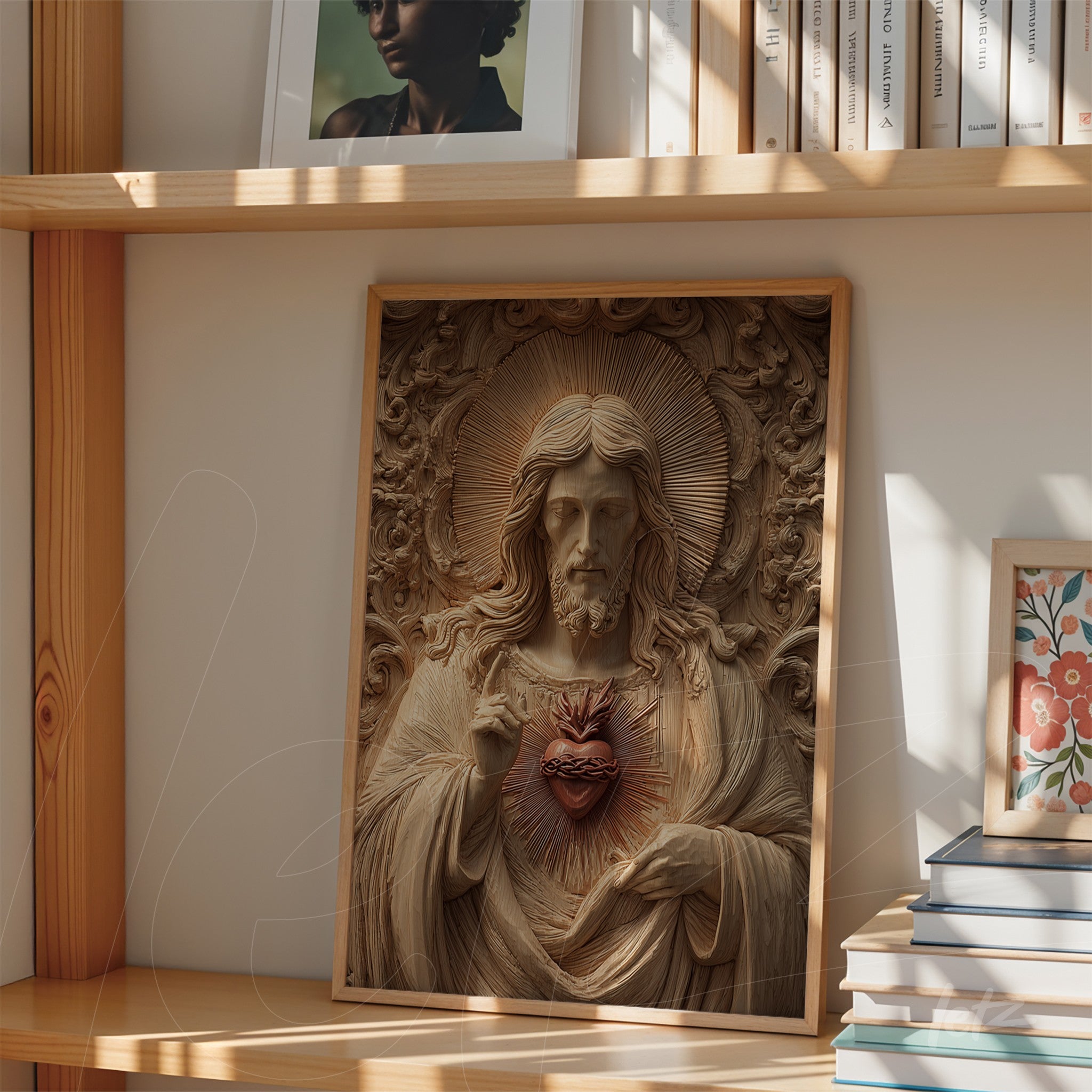relief art featuring the figure of Jesus Christ with the Sacred Heart in light wood frame displayed on wooden shelf