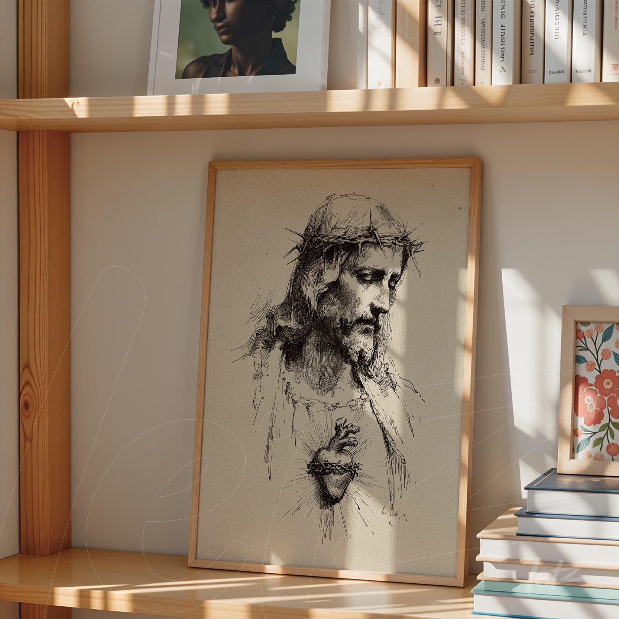 framed wall art of serene jesus christ illustration displayed on a wooden shelf beside books