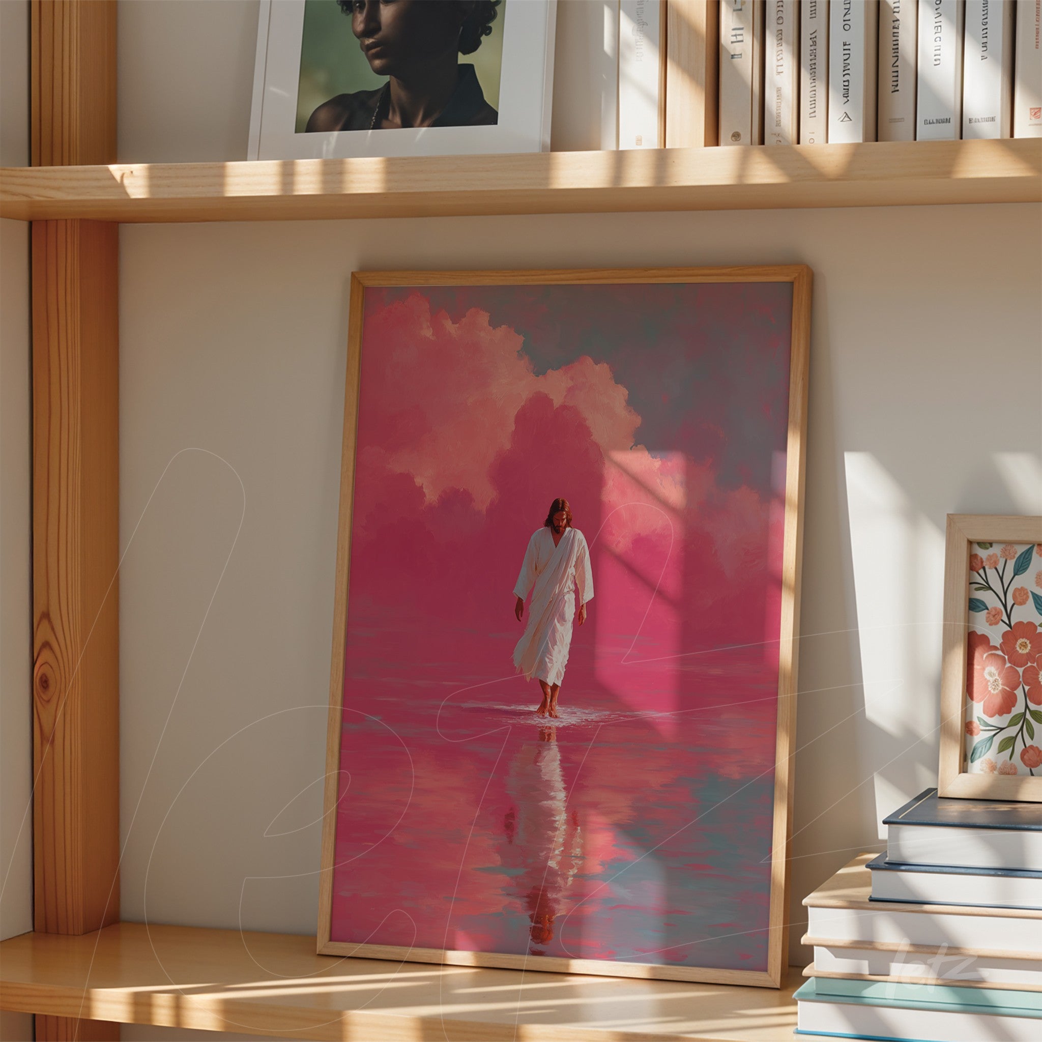 framed wall art of a figure in a white robe walking on reflective water against a vibrant pink background with light wooden frame