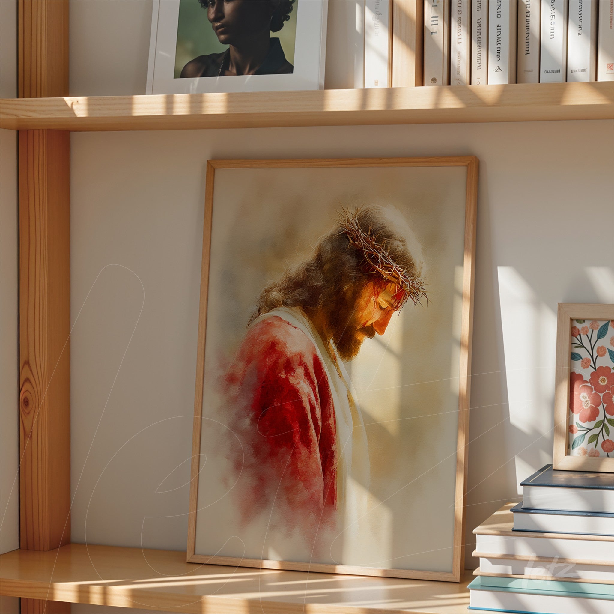 framed wall art showcasing a contemplative portrait of Jesus Christ with a light wood frame and projected shadows across the surface