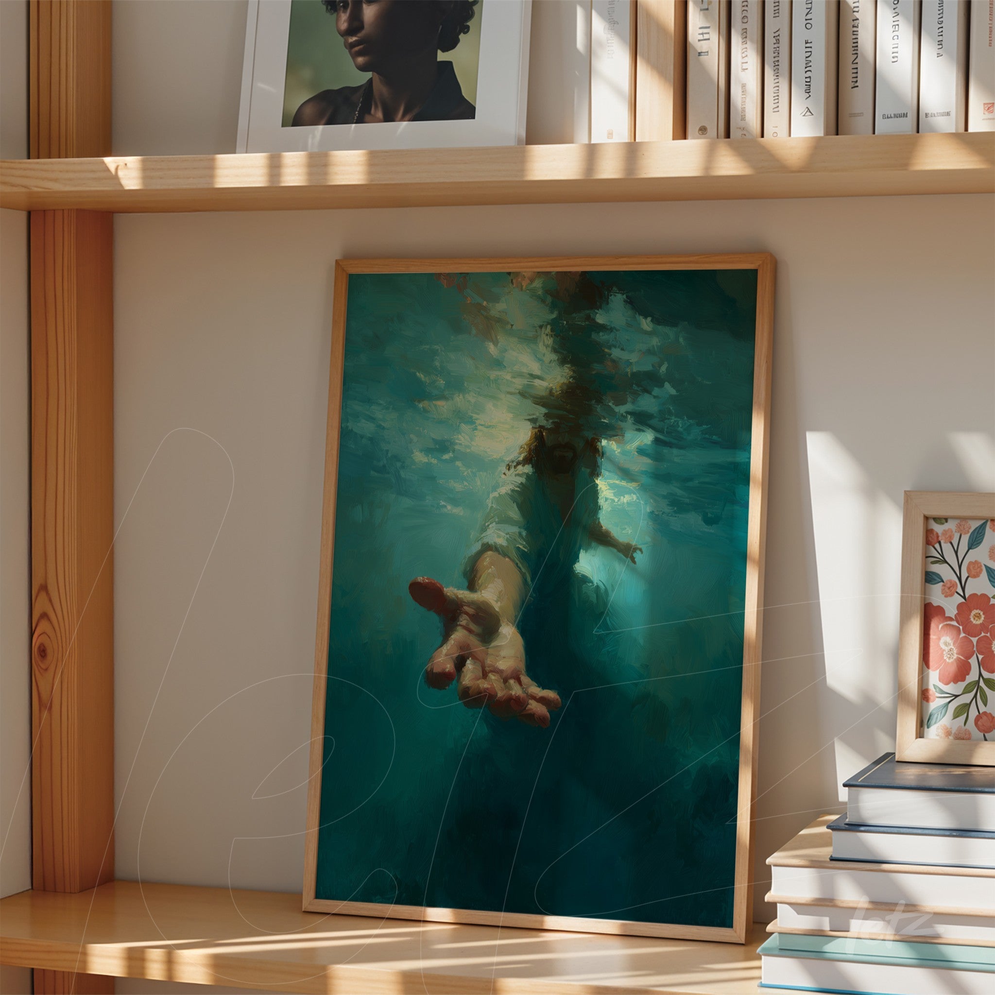 framed artwork featuring an abstract representation of a hand emerging from deep waters with a light wood frame on a wooden shelf