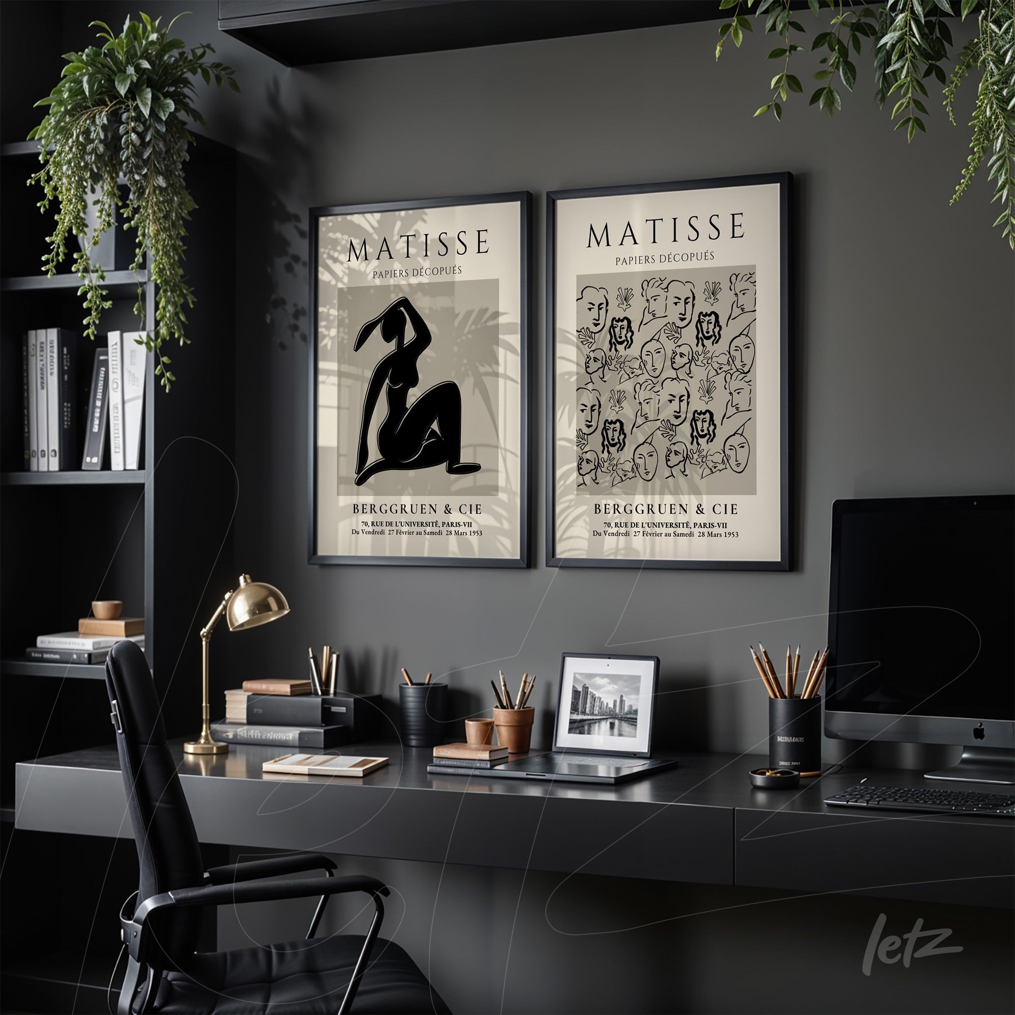 collection of black and white illustrations in the style of Matisse framed art with black frames against a dark gray wall