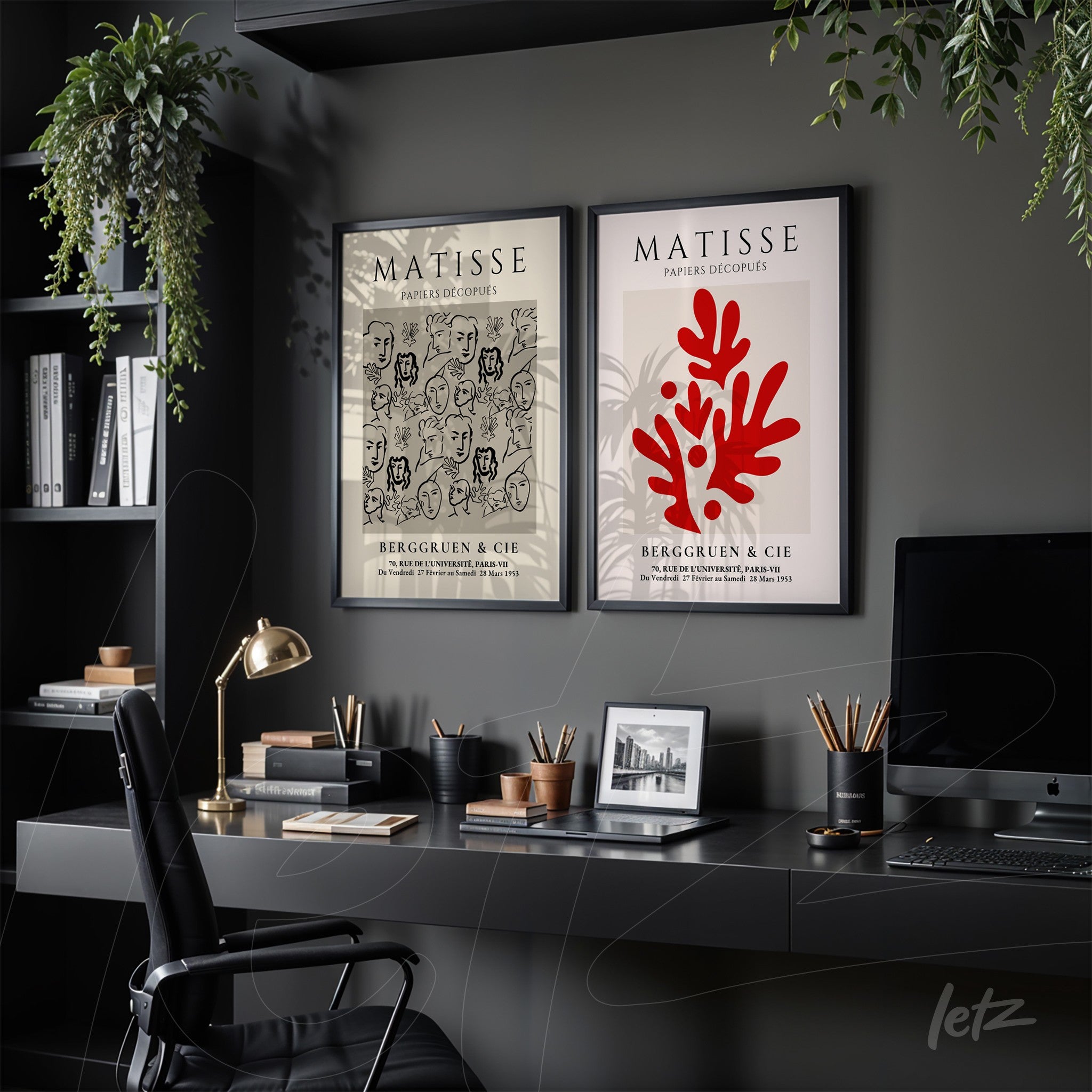 composition of two framed artworks by Matisse on gray wall showcasing abstract shapes and black and red strokes