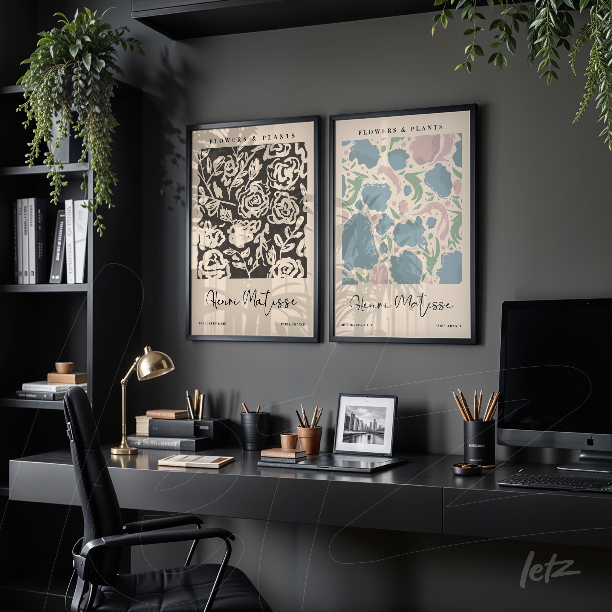 composition of two flower decorative frames with black frames, one featuring dark background with embossed floral design, and the other with light background and pastel flowers, displayed in a modern setting with shelves and desk lamp