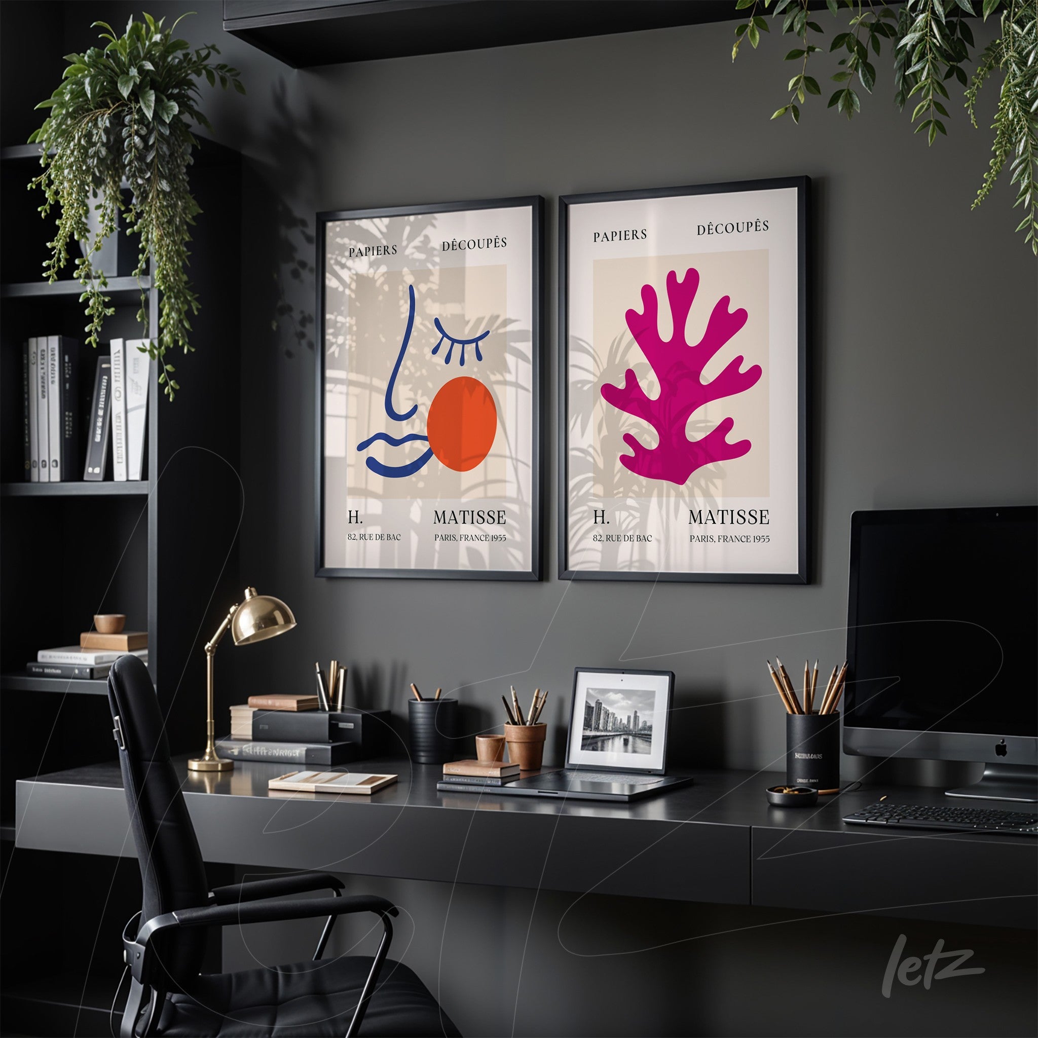 composition of framed wall art featuring abstract illustrations in black frames, showcasing organic shapes on light backgrounds