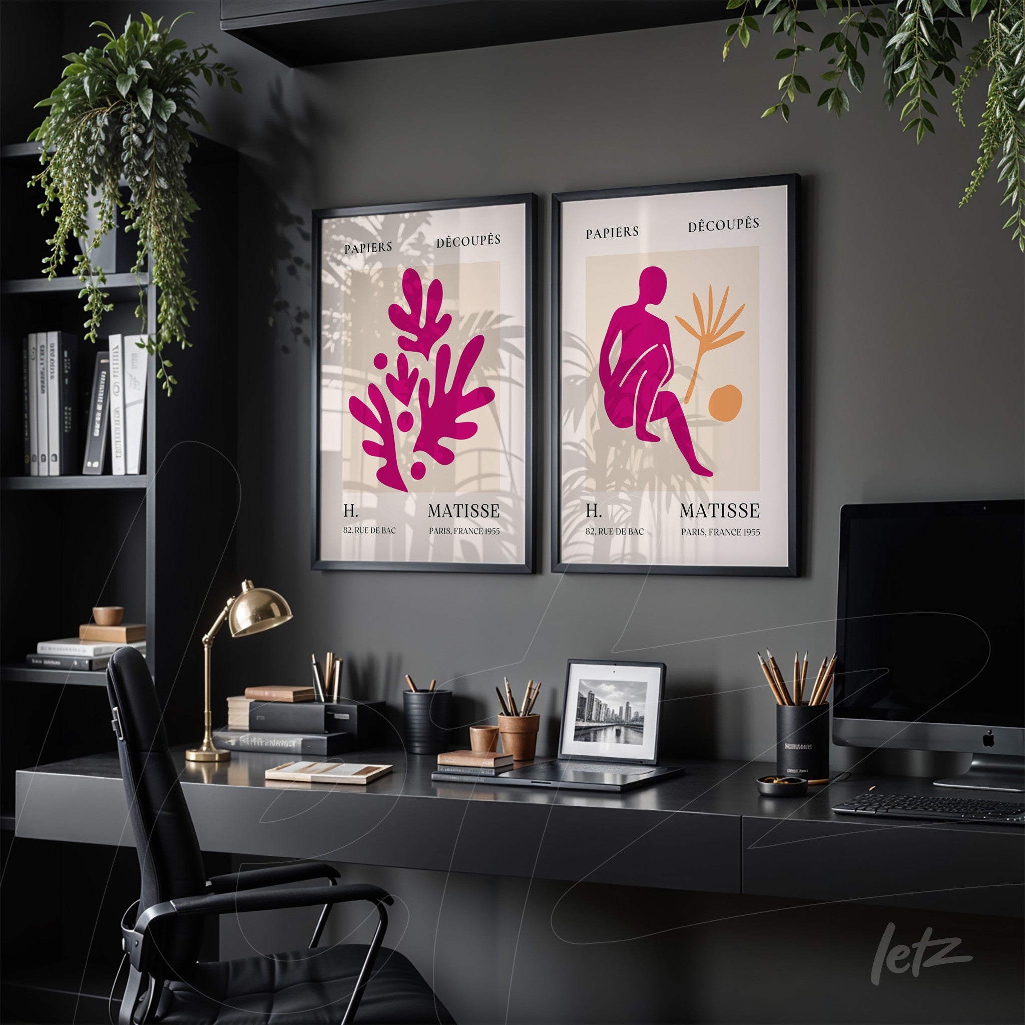 composition of framed modern art pieces featuring abstract figures in vibrant colors on a neutral background