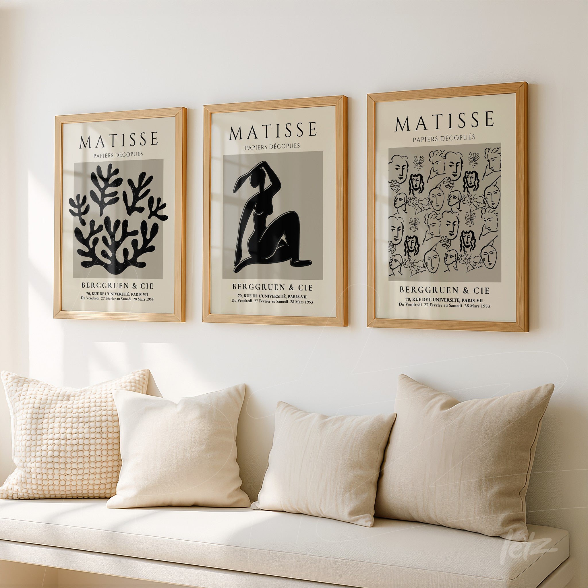 composition of three framed artworks by matisse featuring themes of human figures, nature, and abstract shapes displayed on a light wall