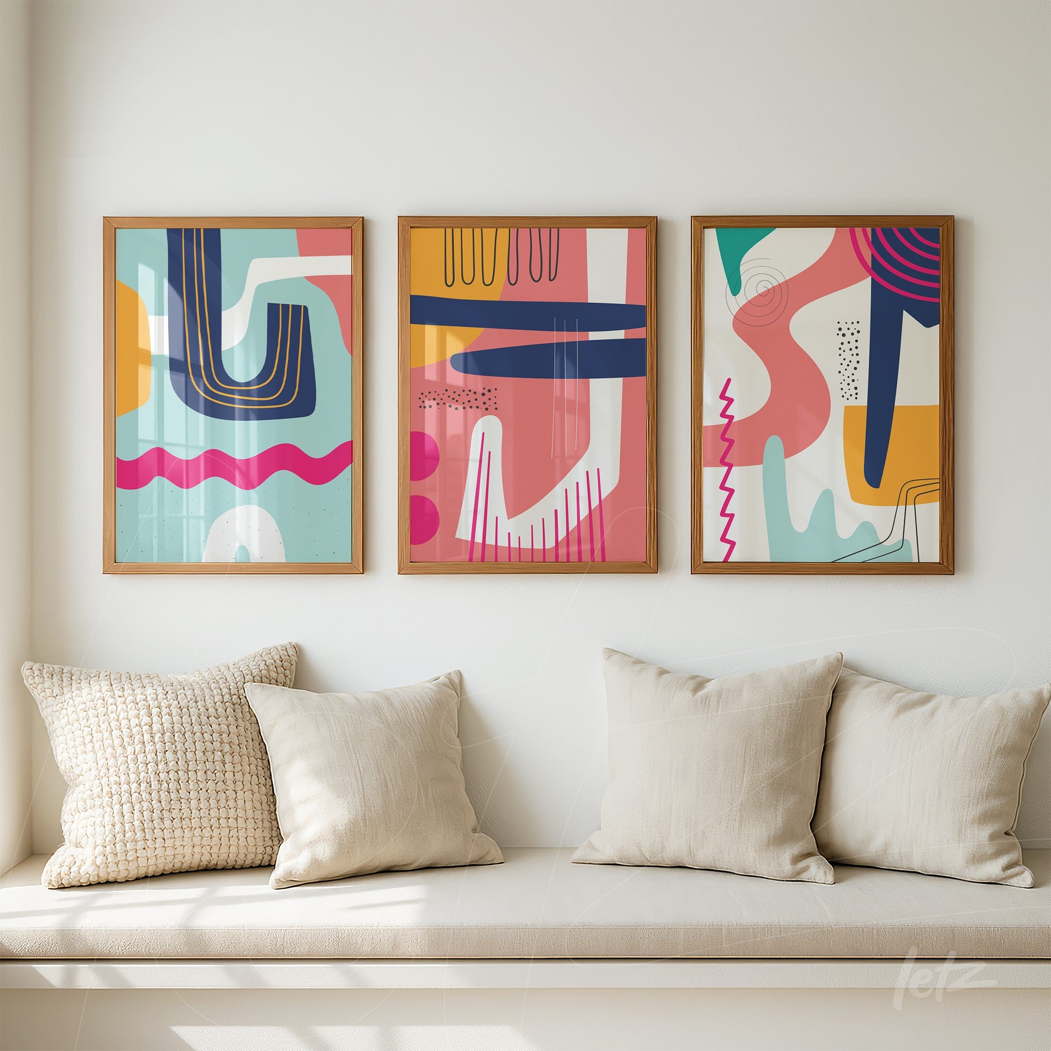 ```json
{
"alt": "trio de quadros emoldurados com arte abstrata boho em cores modernas, exibidos sobre banco com almofadas brancas",
"alt_en": "set of three framed artworks featuring modern boho abstract designs, displayed above a bench with white cushions"
}
```
