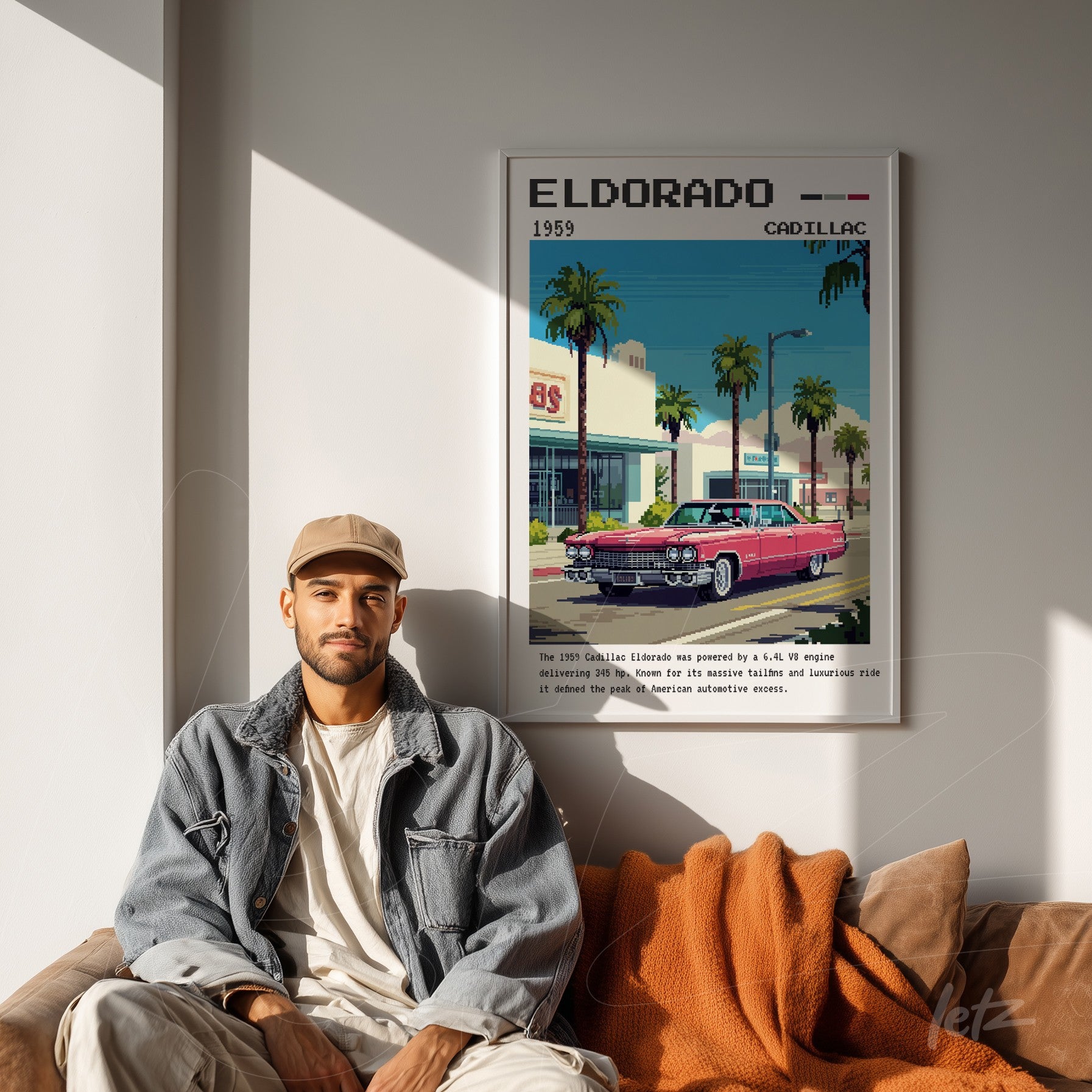 framed digital art of 1959 Cadillac Eldorado in white frame displayed in a modern setting with brown sofa
