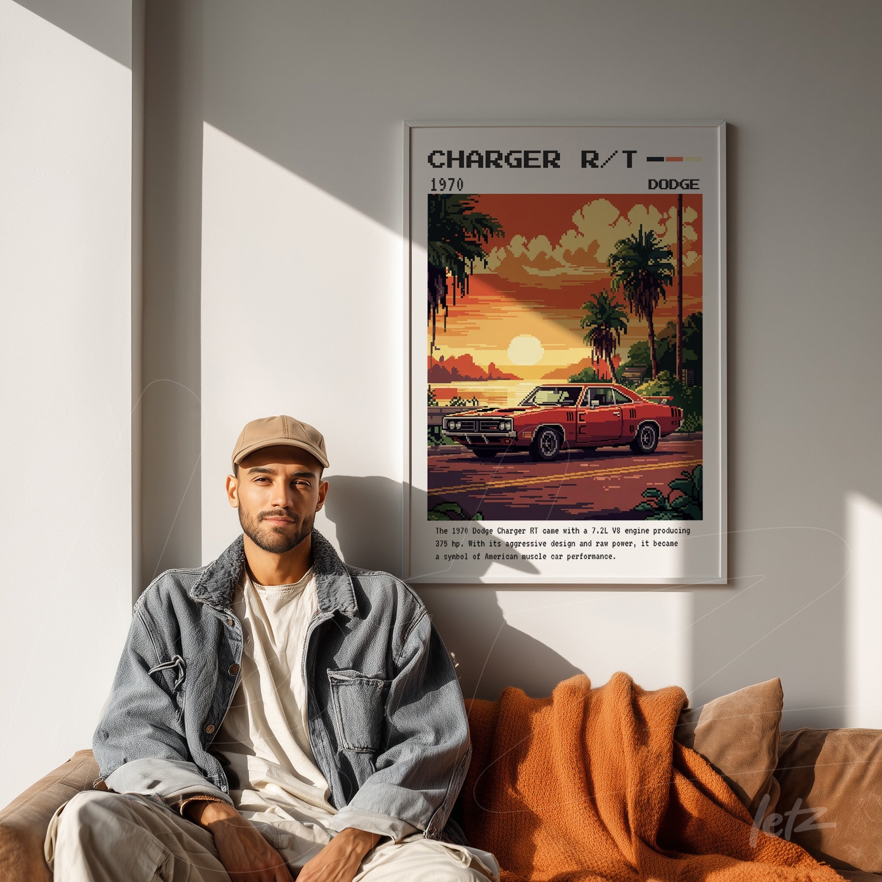 framed retro art of the 1970 Dodge Charger R/T with white frame displayed over a light fabric sofa