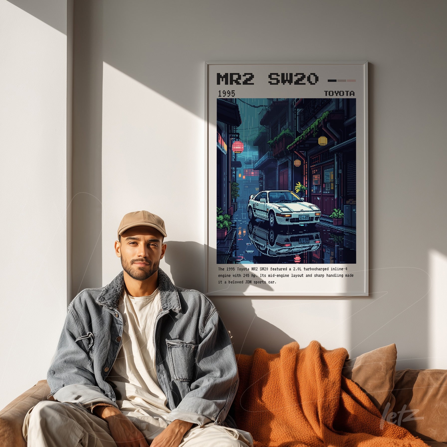 retro art framed print of a Toyota MR2 SW20 in a nighttime urban setting