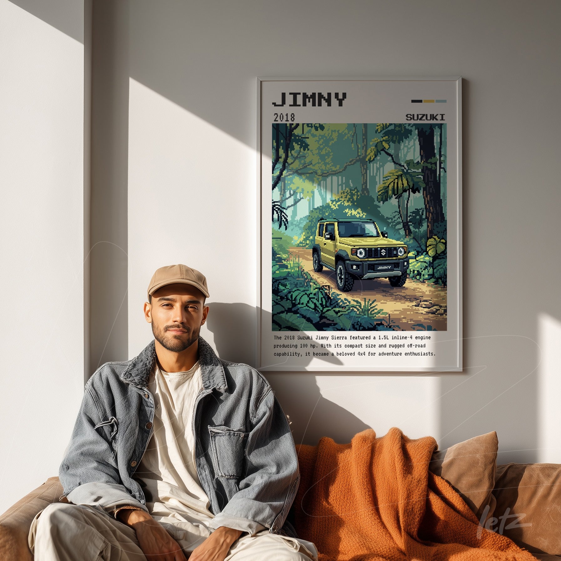 framed pixel art of Suzuki Jimny in a tropical forest with a white frame
