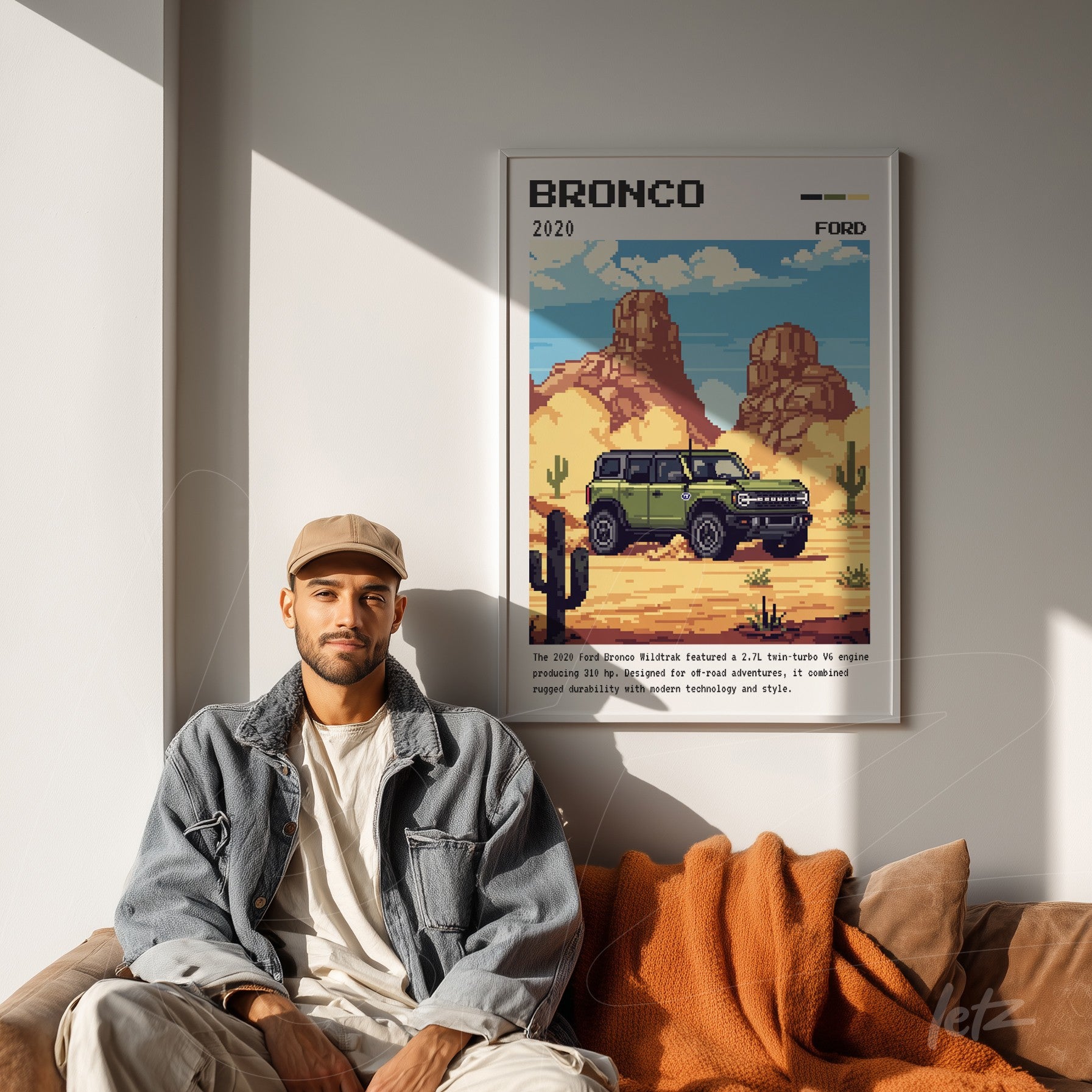 framed digital art of a Ford Bronco in a desert landscape with a white frame