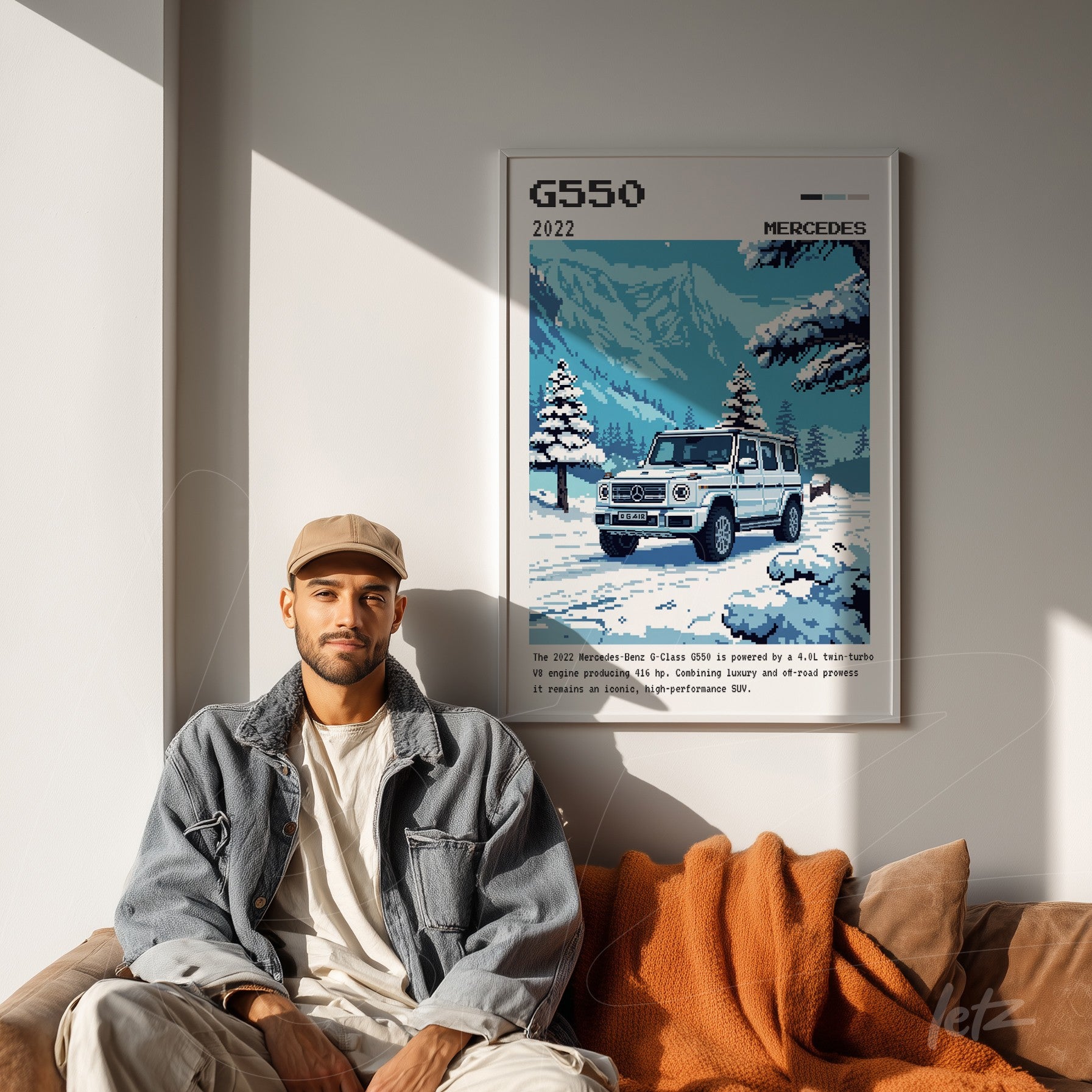 framed artwork featuring an illustration of a Mercedes G550 in a snowy mountain landscape with shades of blue and white