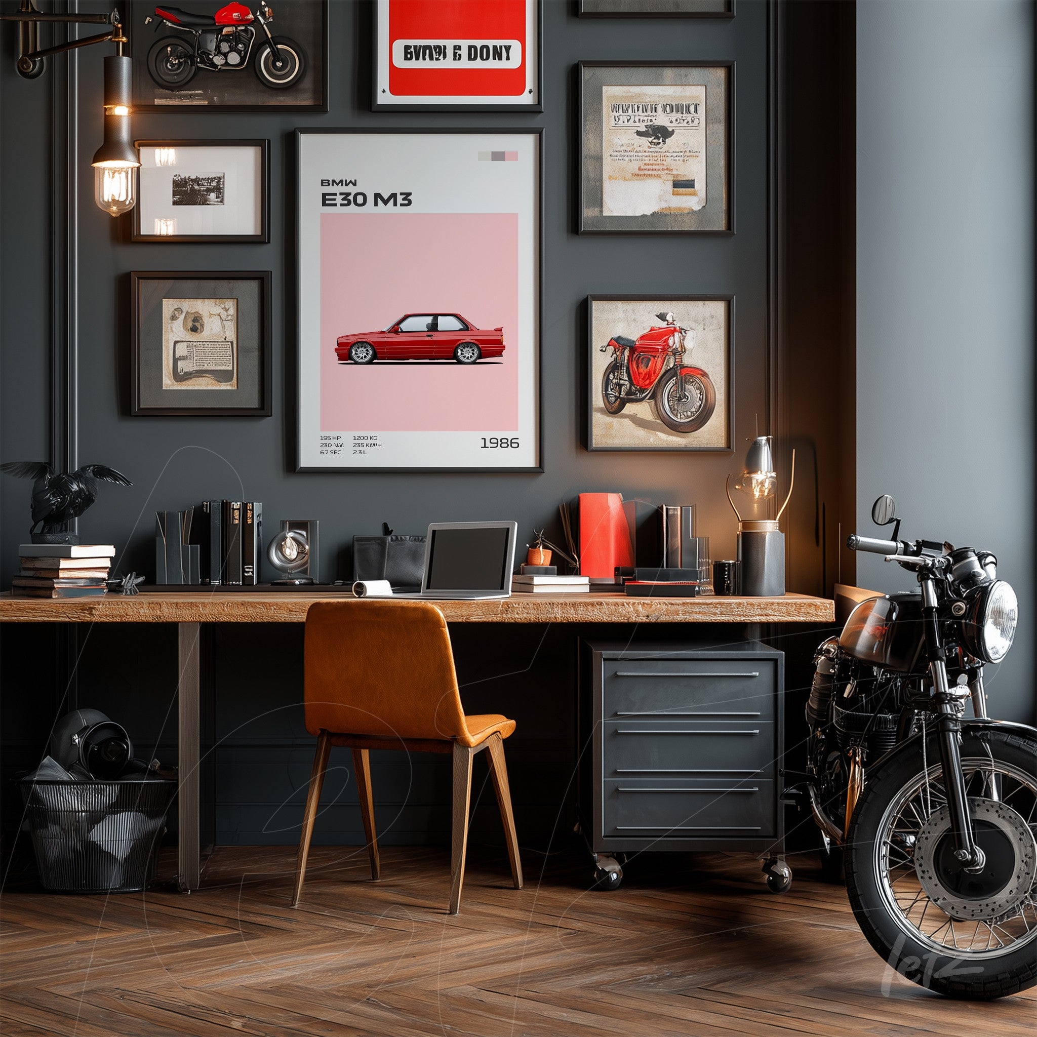 framed wall art of BMW E30 M3 in black frame on office wall decorated with vintage items and a classic motorcycle beside a wooden desk