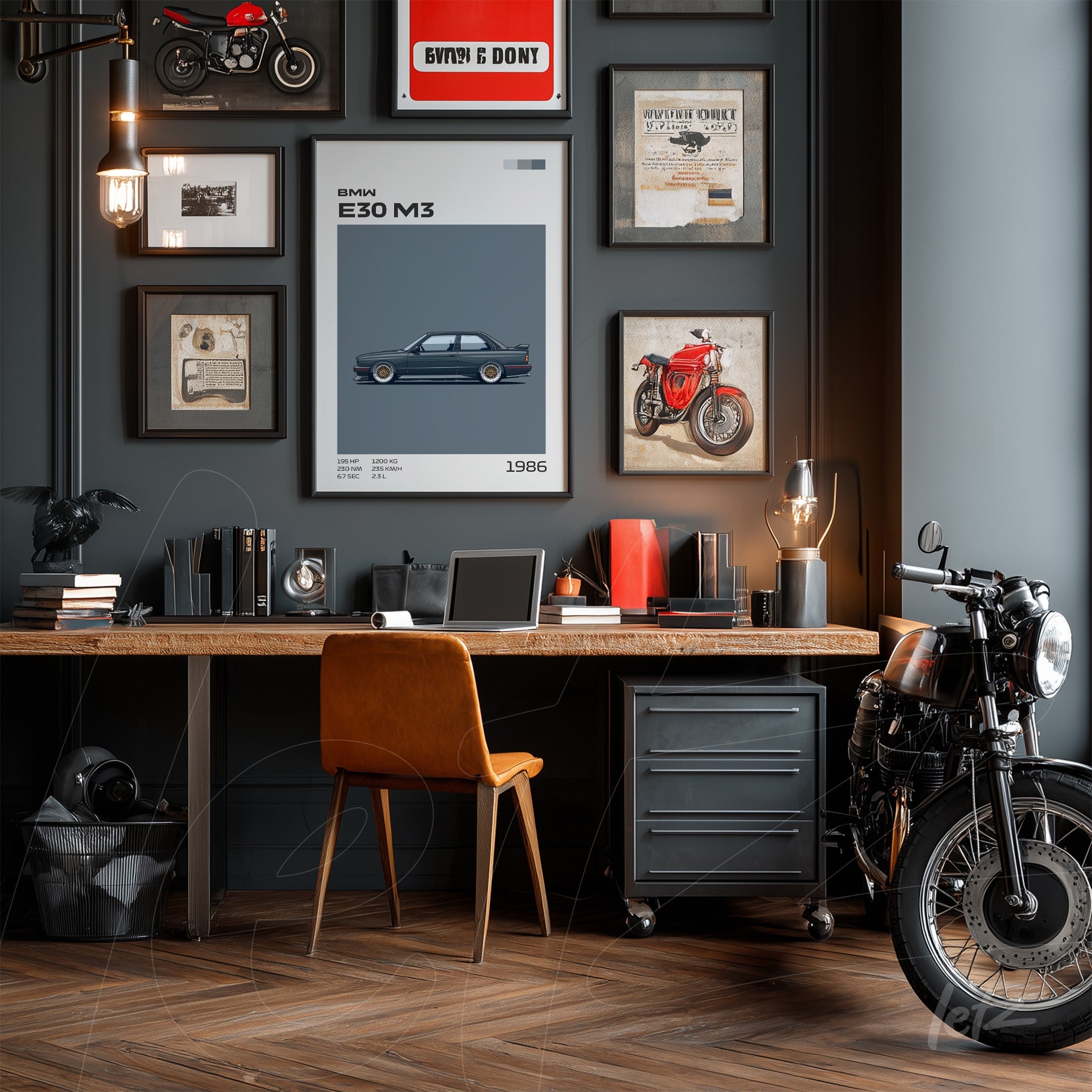 framed wall art featuring a BMW E30 M3 alongside vintage illustrations on a dark wall, with a wooden desk and chair in a modern office setup
