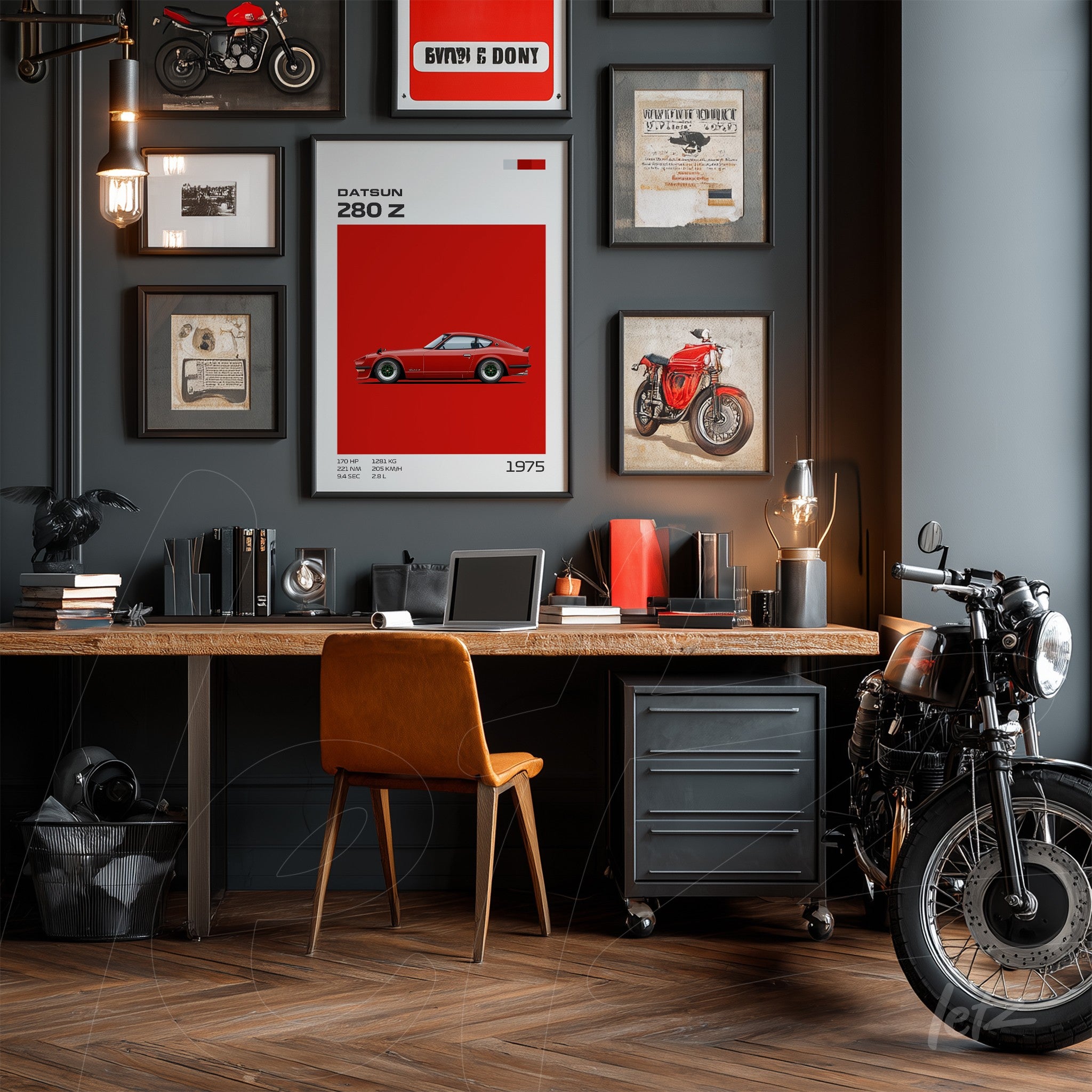 stylish workspace featuring a light wood desk, orange leather chair, and vintage car art prints on dark wall
