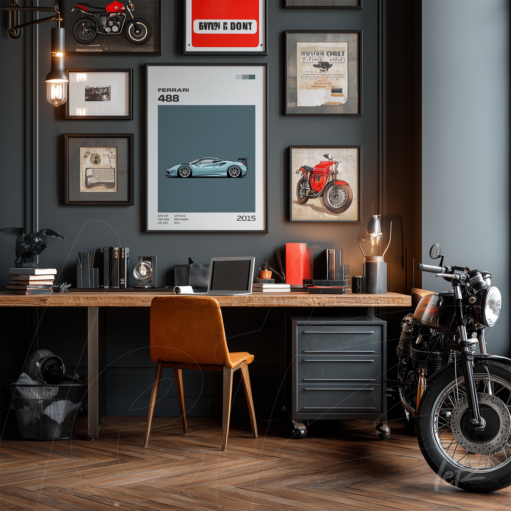 gallery wall composition with gray background featuring digital art of a Ferrari 488, vintage bicycle and retro prints in a modern office setting with a wooden desk and leather chair