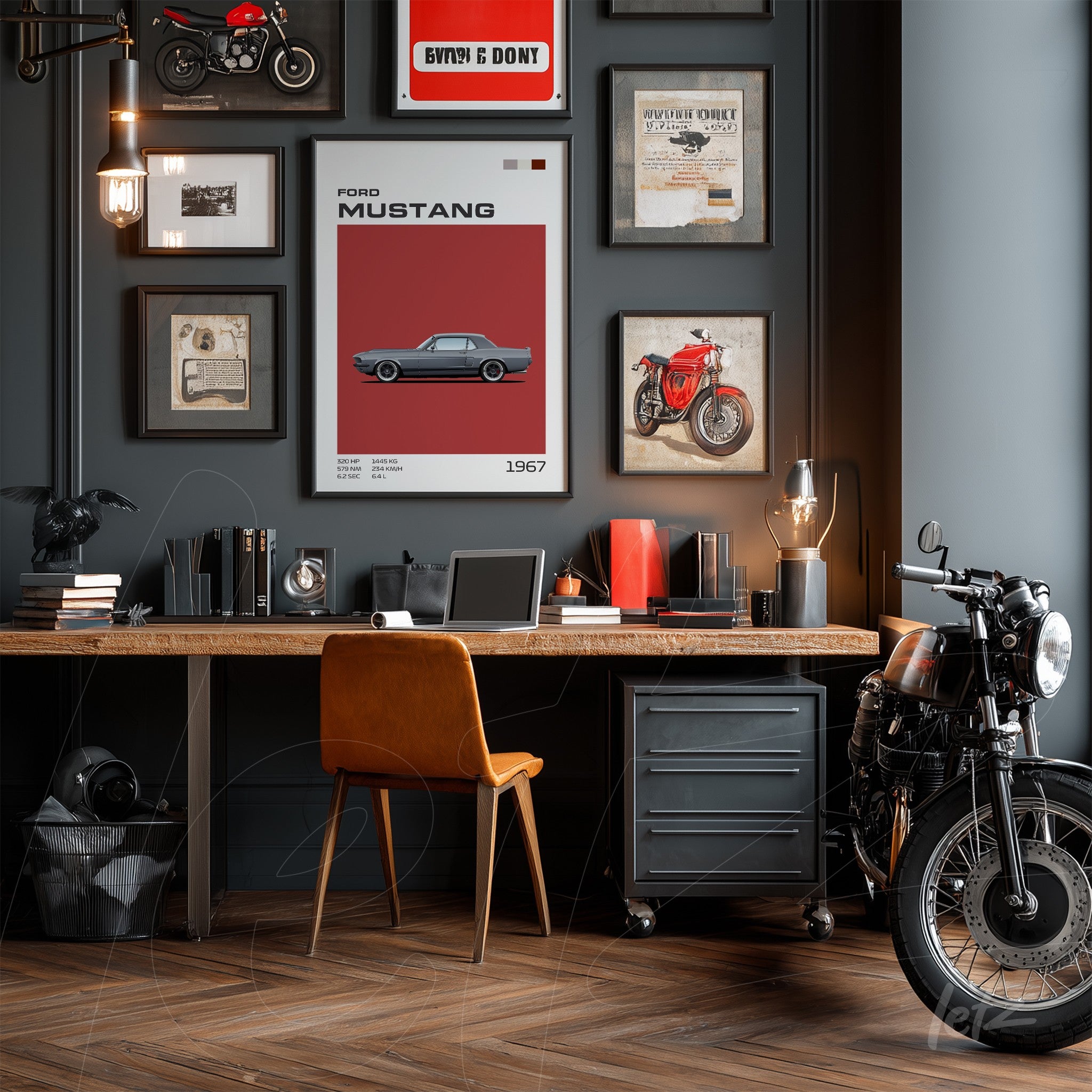 stylish gallery wall featuring vintage themed framed art including a 1967 Ford Mustang print, light wood desk with orange leather chair, and classic motorcycle beside it