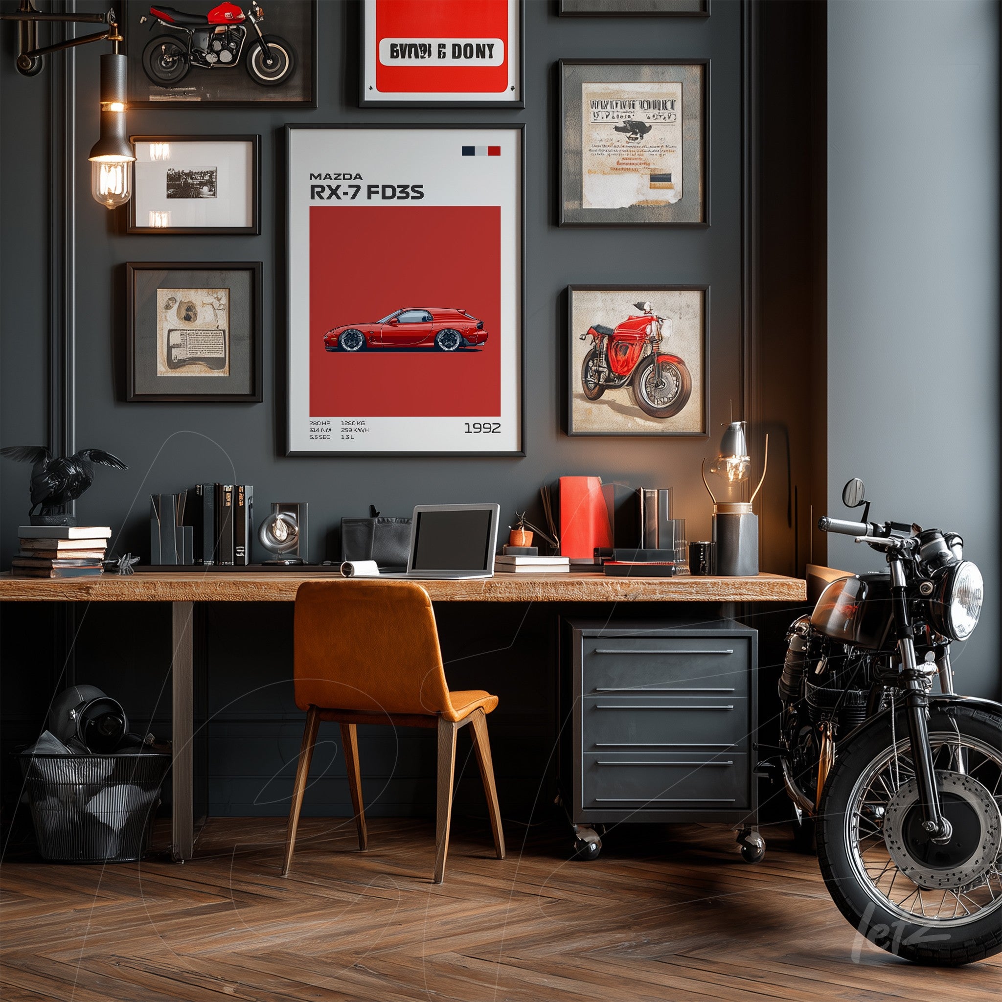 decorative wall art arrangement on gray wall featuring artwork of Mazda RX-7 FD3S and vintage motorcycle beside a wooden desk
