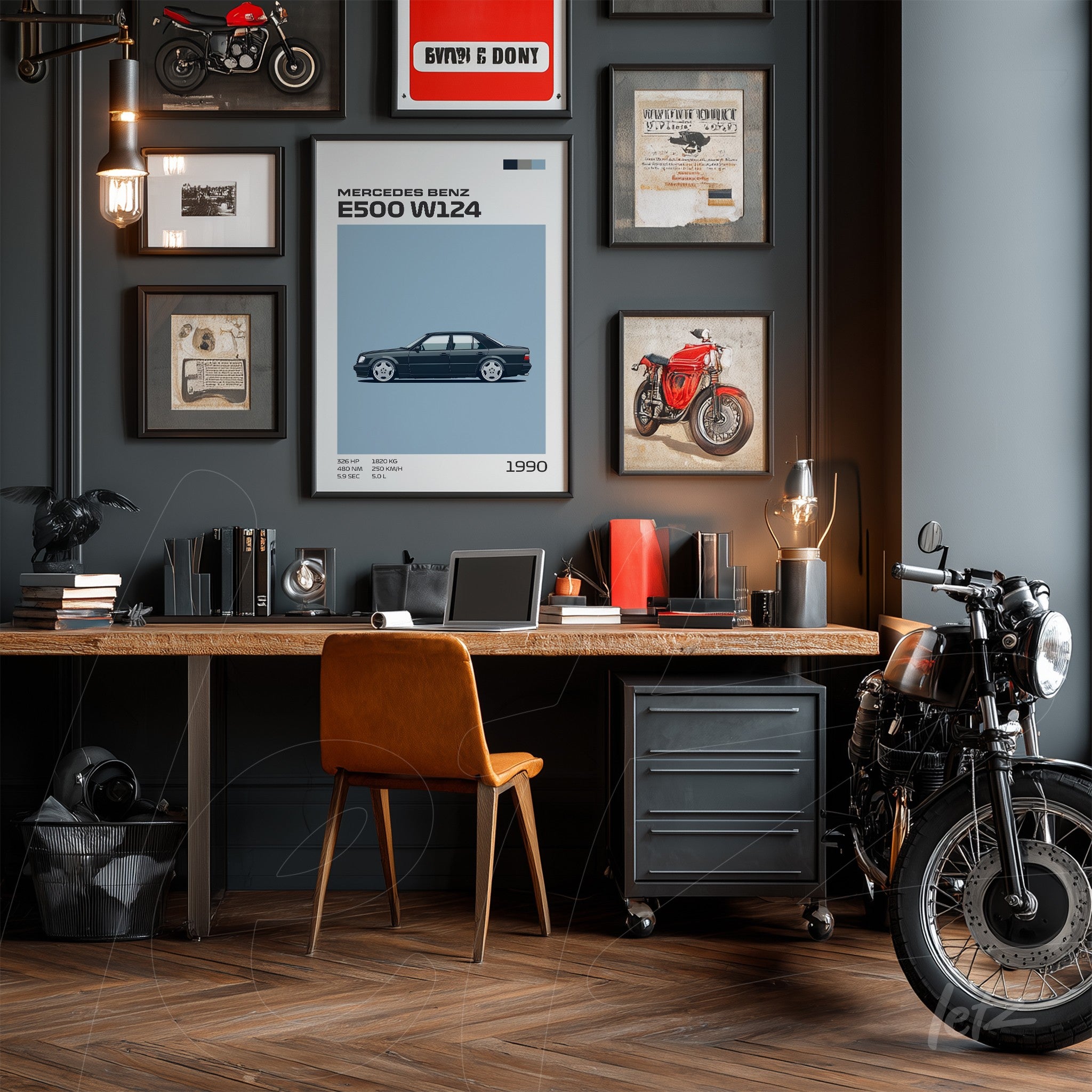 gallery wall with framed art of a 1990 Mercedes Benz E500 W124, stylish wooden desk with leather chair and classic motorcycle beside