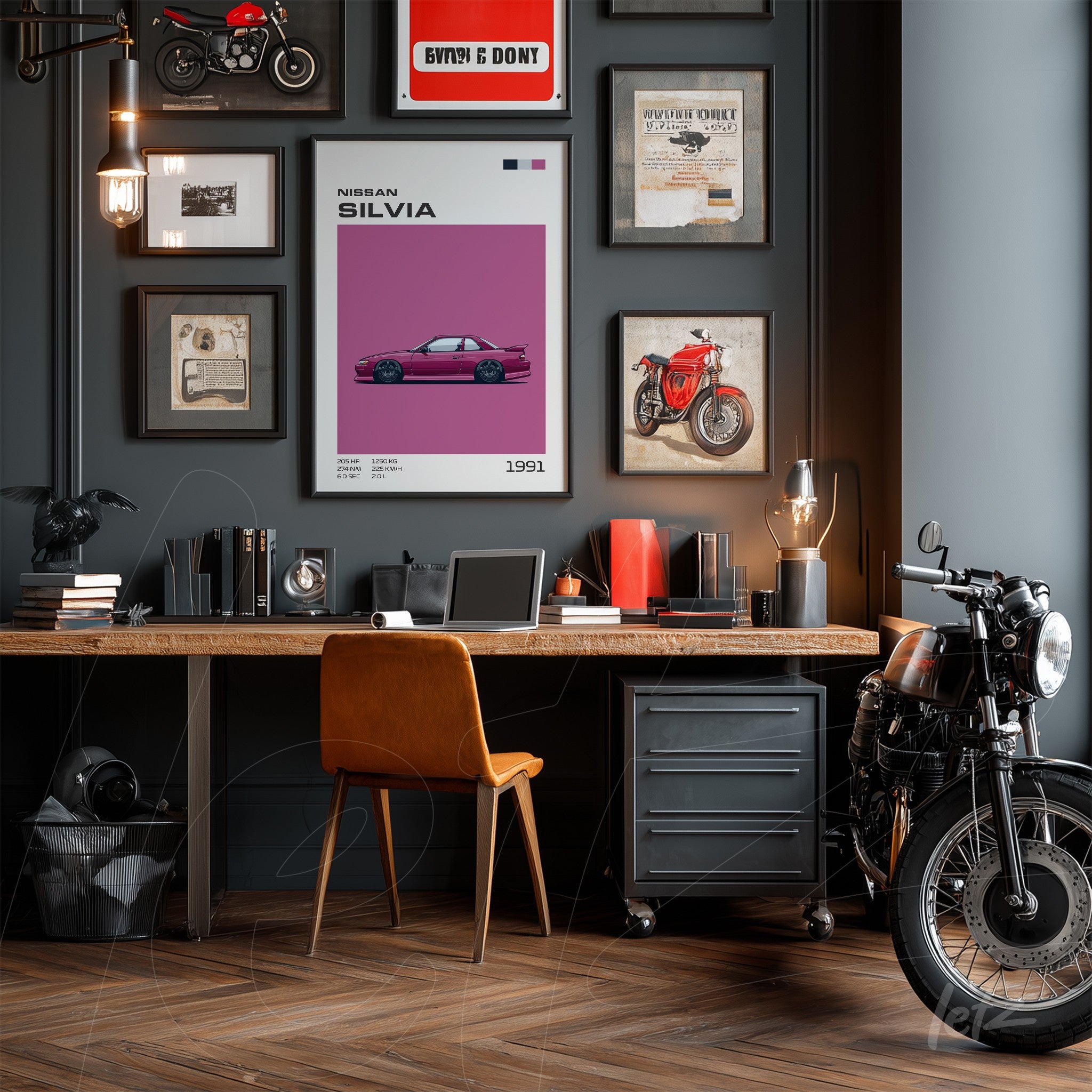 decorative wall composition featuring art of Nissan Silvia with various frames, a wooden desk with brown chair and a black motorcycle nearby